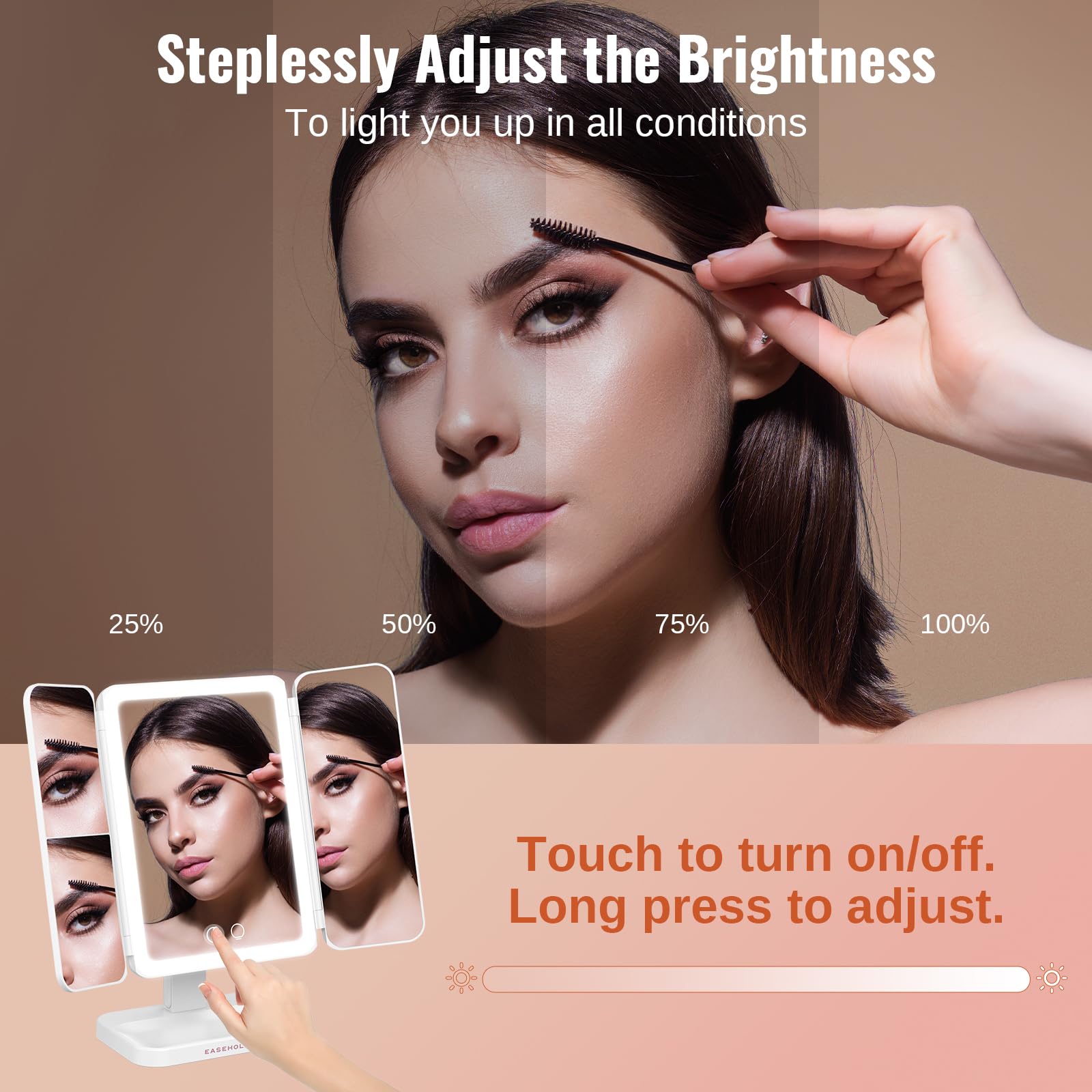 EASEHOLD Lighted Makeup Mirror - 3X Magnification, 3 Color Lights, Rechargeable Trifold Vanity Mirror, 14"L x 11.4"W, A-white, Model