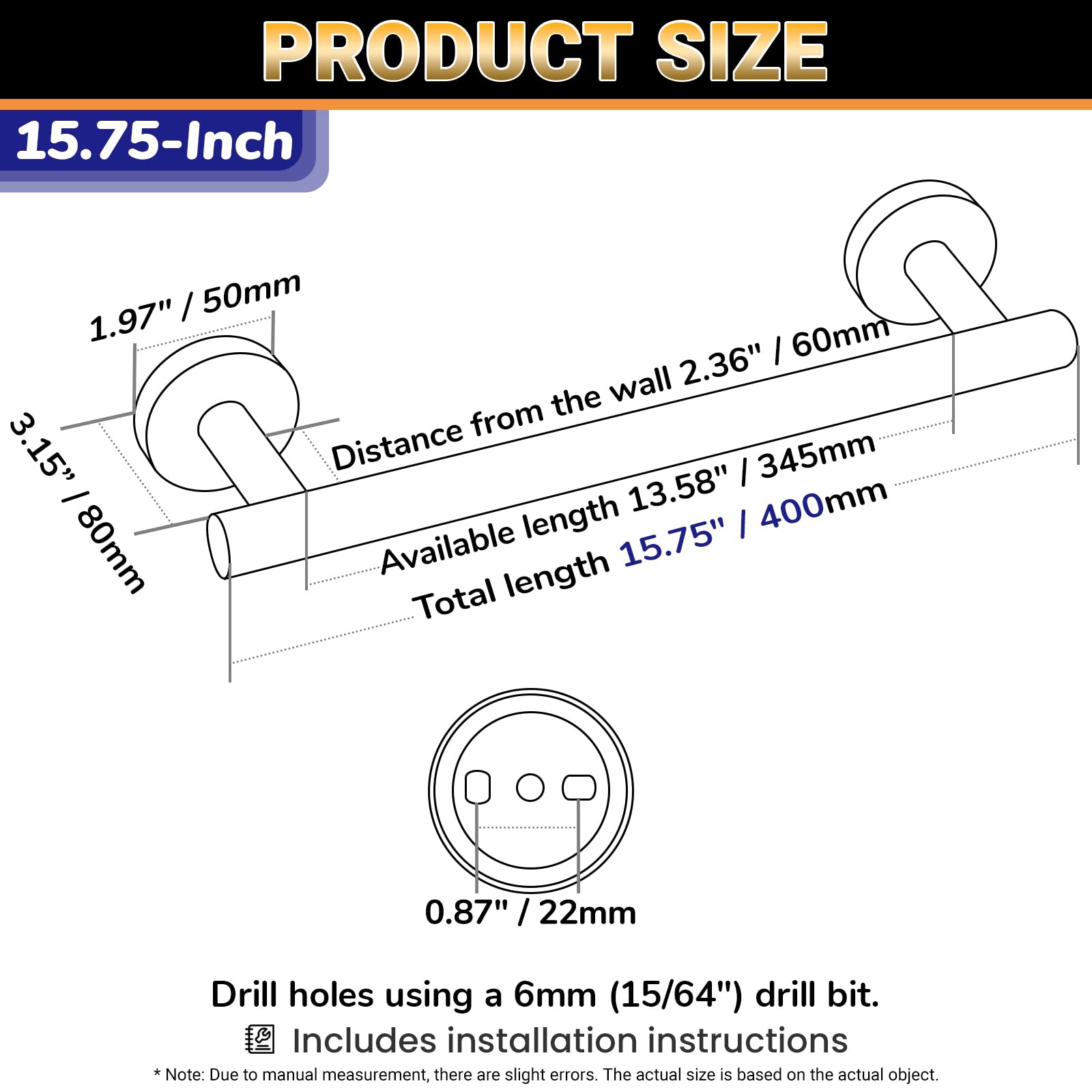 Miyili Matte Black 15.75'' Towel Bar SUS 304 Stainless Steel Towel Holder for Bathroom or Kitchen Wall Mount  A01B40A