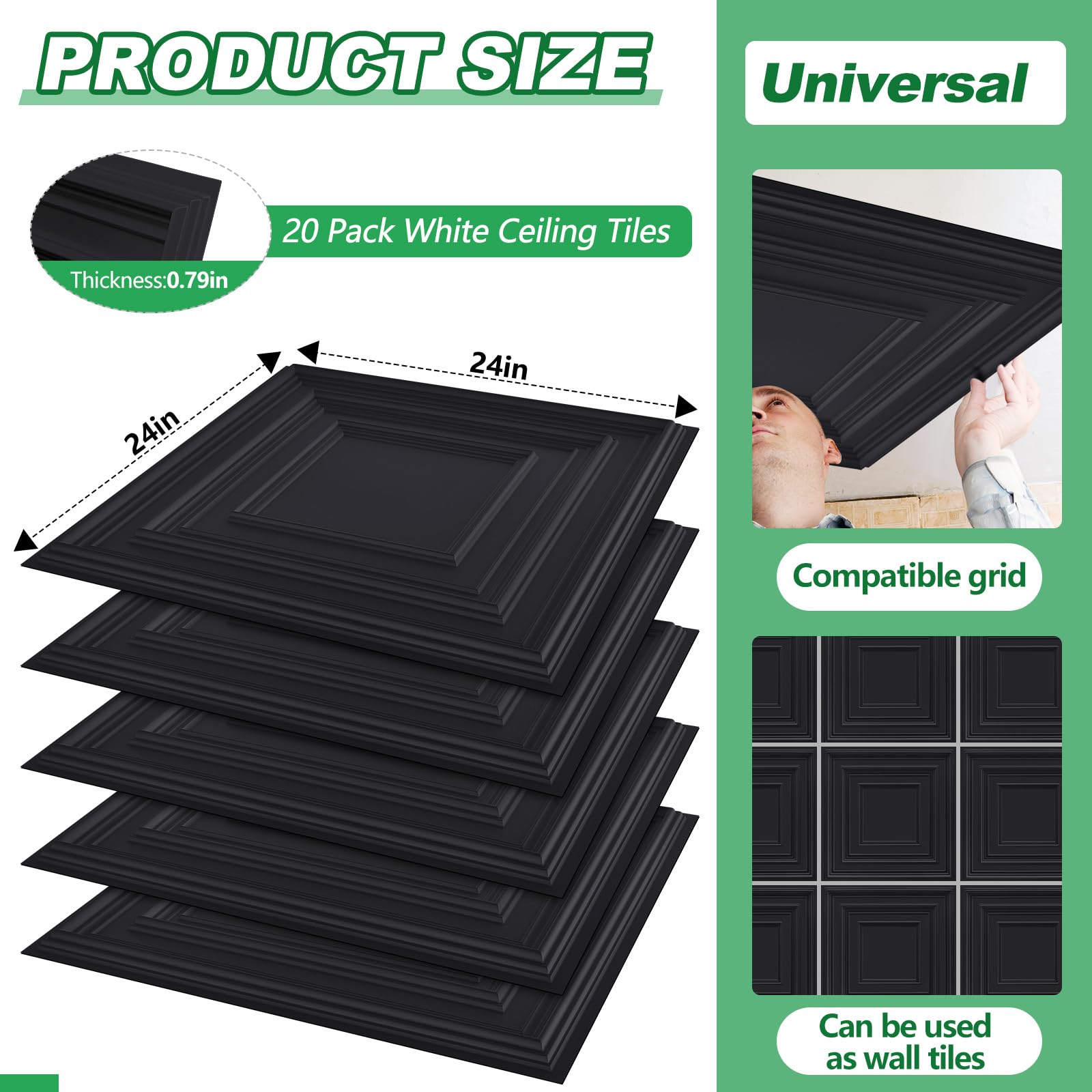 Landical 20 Pcs 2 x 2 ft Black PVC Plastic Drop Ceiling Tiles 24 x 24 x 0.8 Inch Ceiling Panels Decorative Cover 80 Sq. ft for O