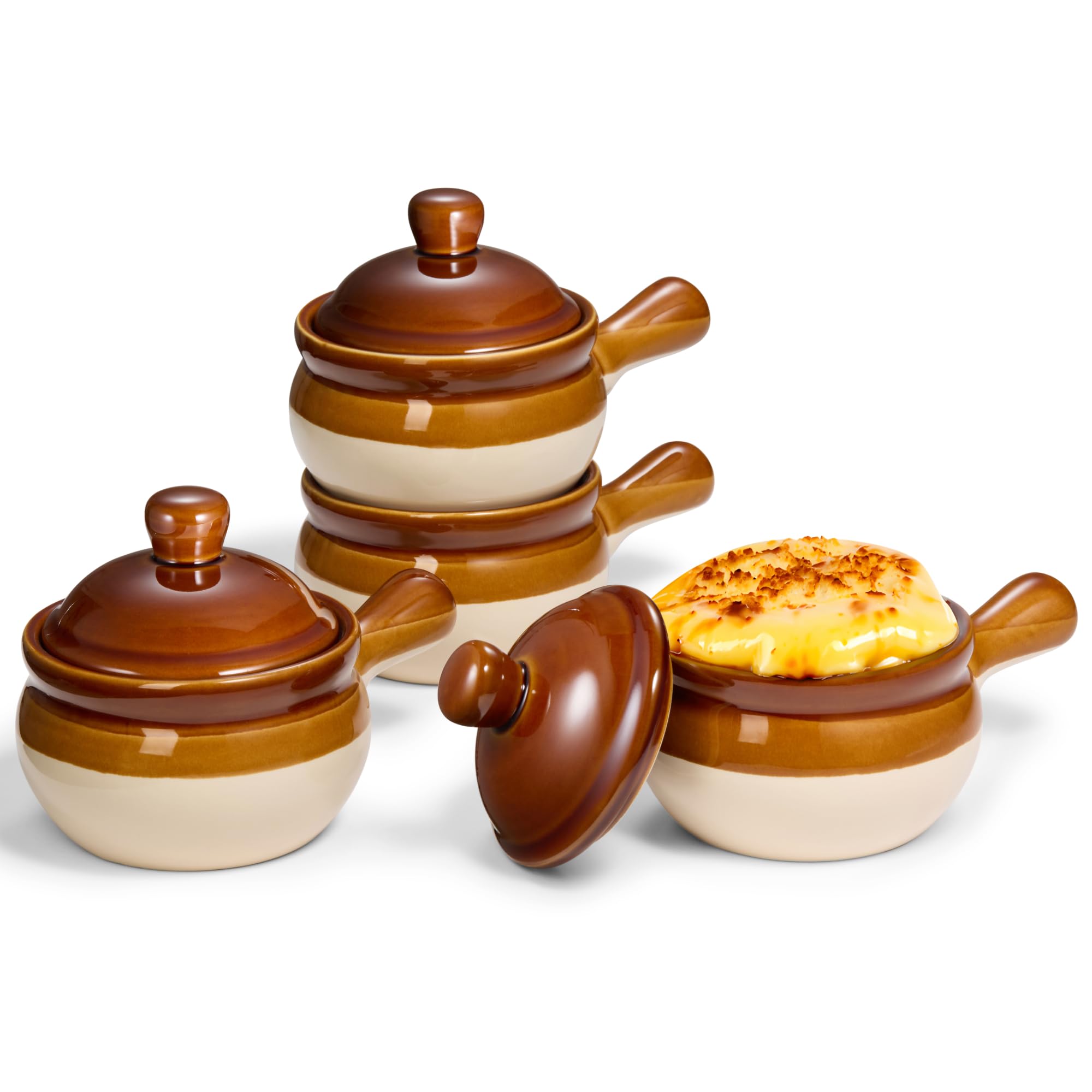 Kook French Onion Soup Crocks With Lids, Ceramic Bowls, Large Handles, Dishwasher, Microwave, Oven & Broil Safe, Brown/White, Se