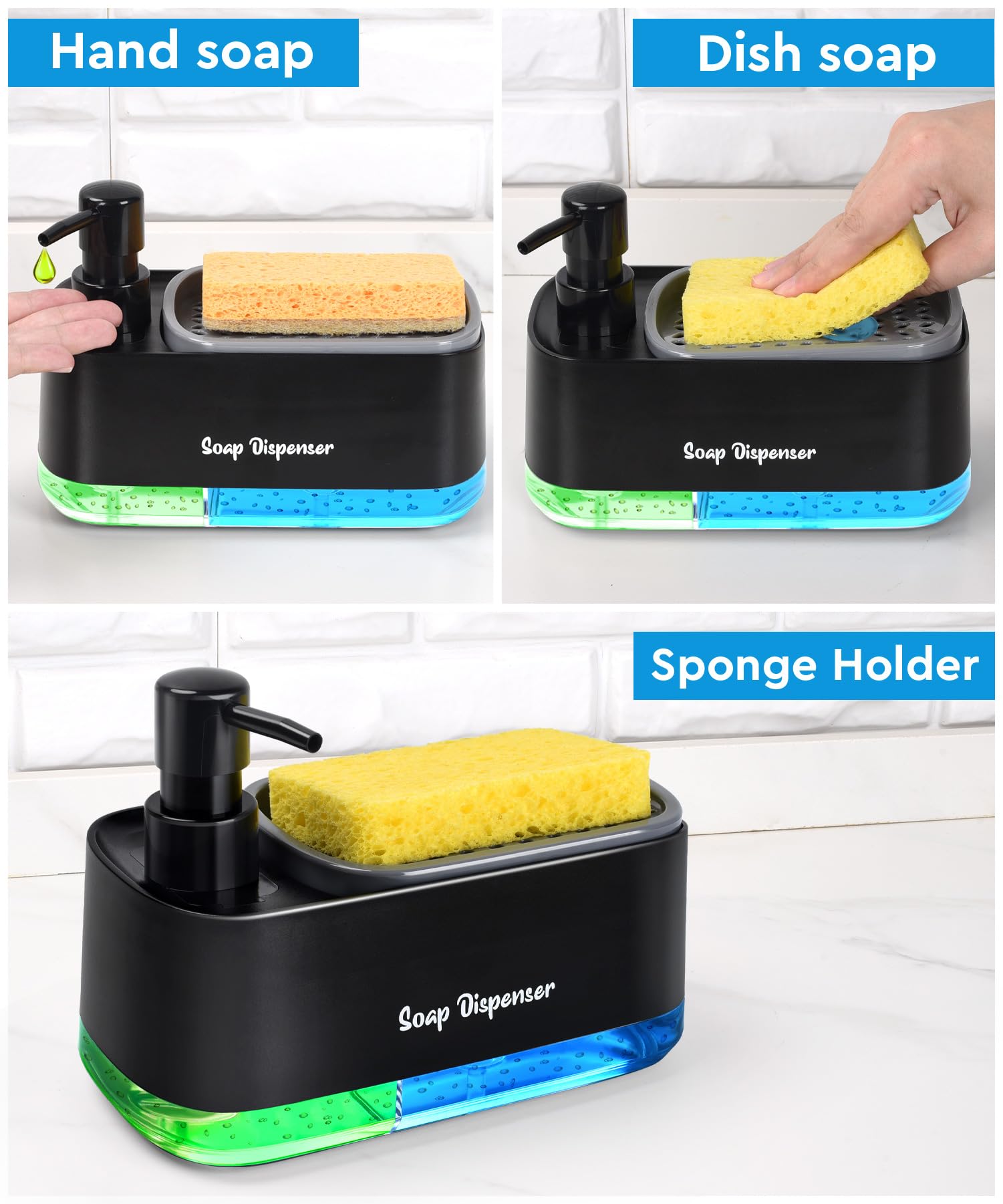 Hand And Dish Soap Dispenser Set For Kitchen, Dual Soap Dispenser With Sponge Holder, 3-In-1 Countertop Soap Pump Dispenser For