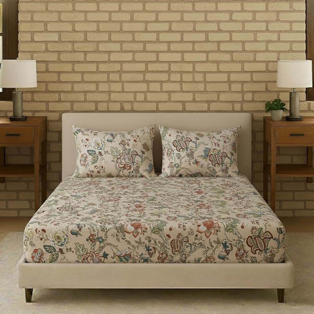 Trance Home Linen 144TC 100% Cotton 78x60 Standard Queen Size Elastic Fitted Bedsheet | Printed Queen Bed Size Elasticated Fit