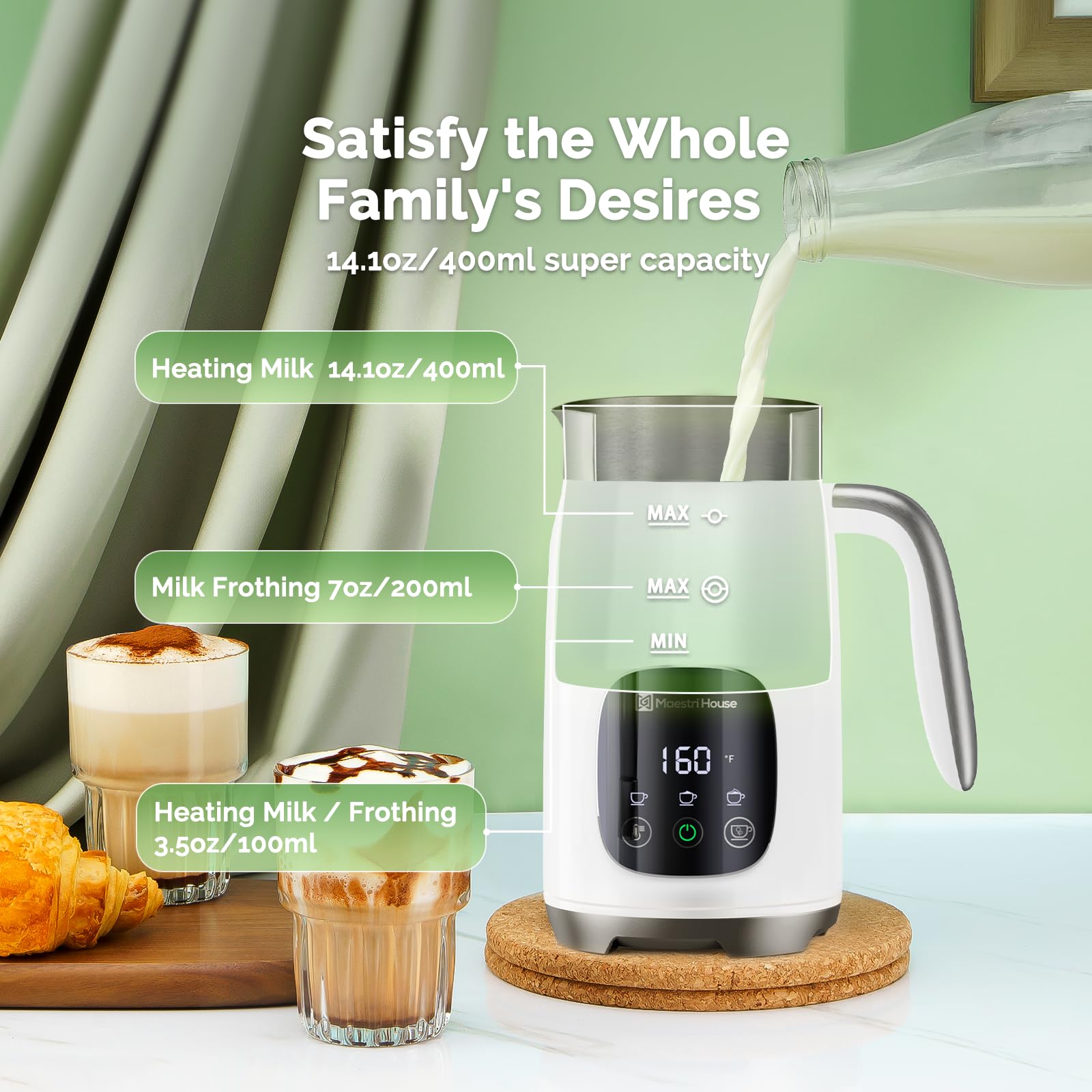 Maestri House Milk Frother, Variable Temp And Froth Thickness Milk Frother And Steamer,14.1Oz/400Ml Smart Touch Control Foam Mak