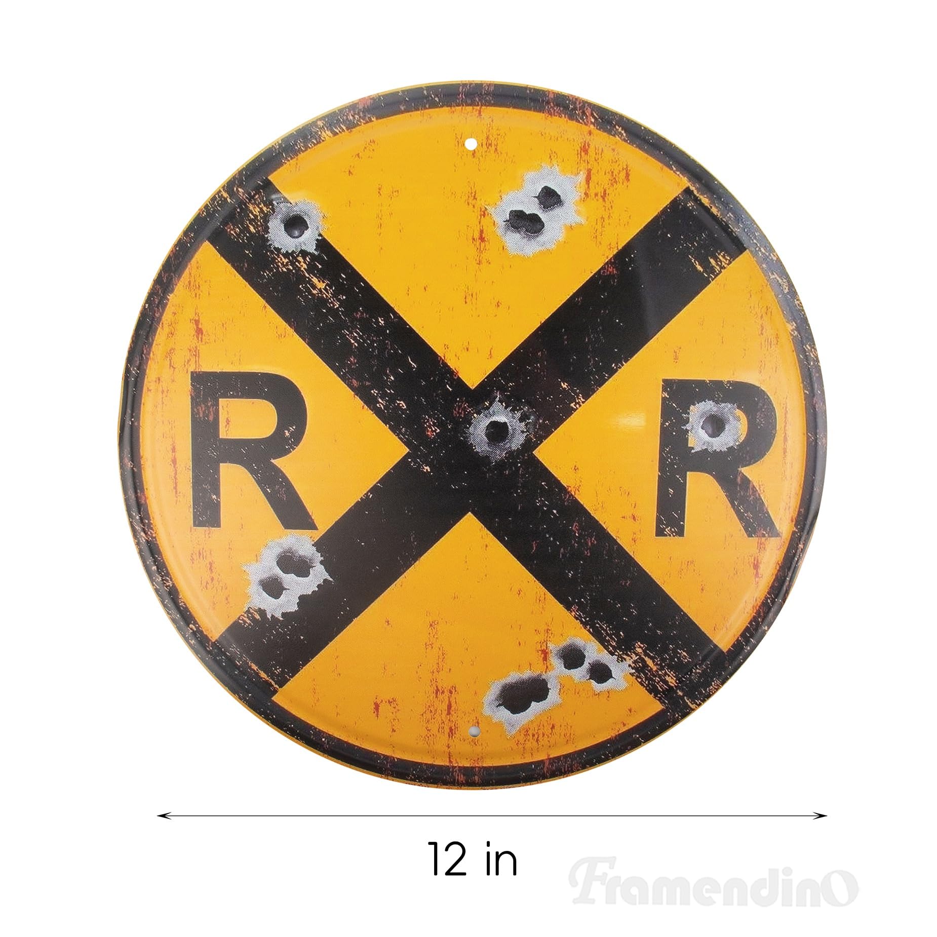 Framendino, 12 Inch Railroad Crossing Round Metal Tin Sign Retro Wall Decor for Home Gate Garden