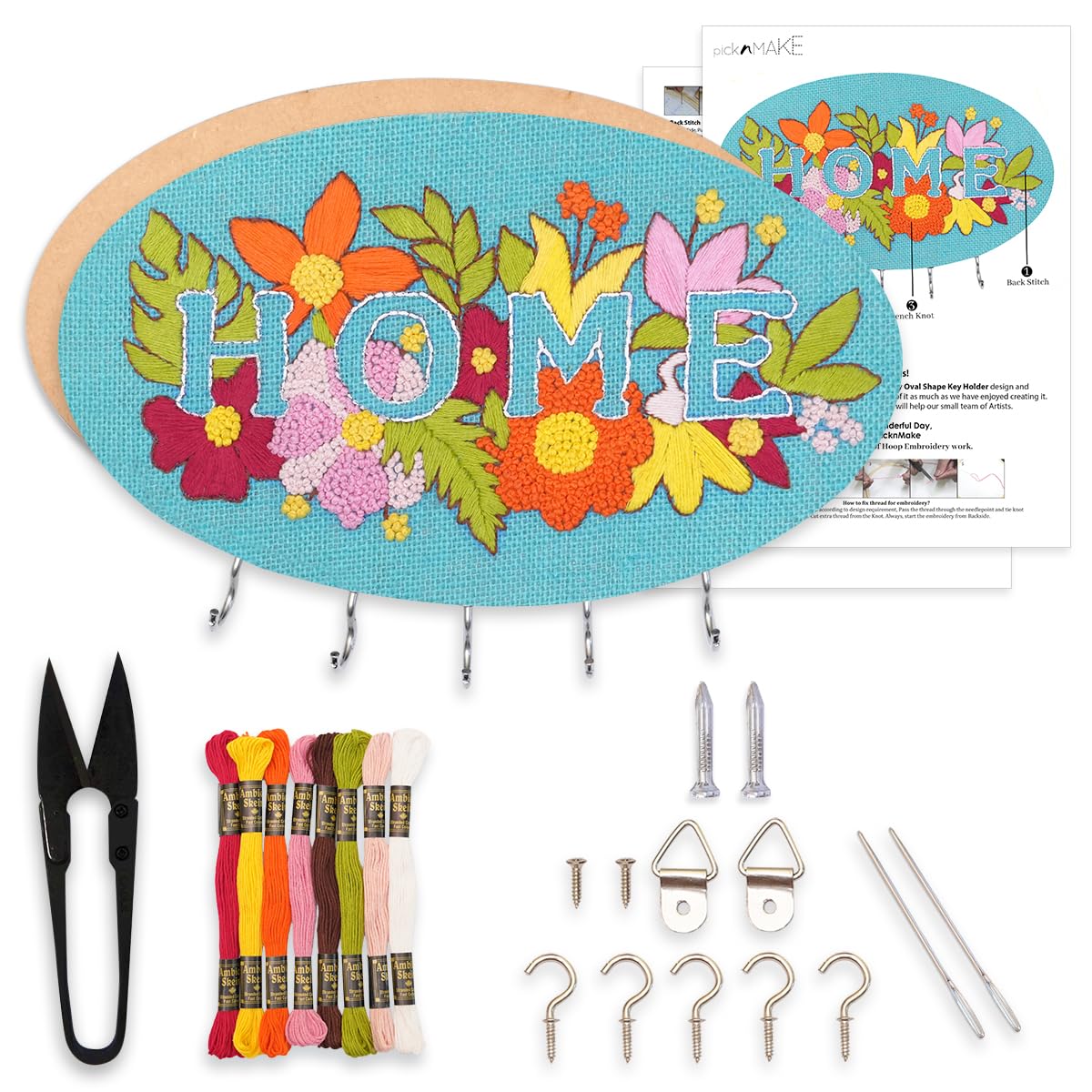 Picknmake Diy Embroidered Keychain Holder Kit  Complete Set With Oval Mdf Base, Natural Jute Fabric, Home Floral Design, Multic