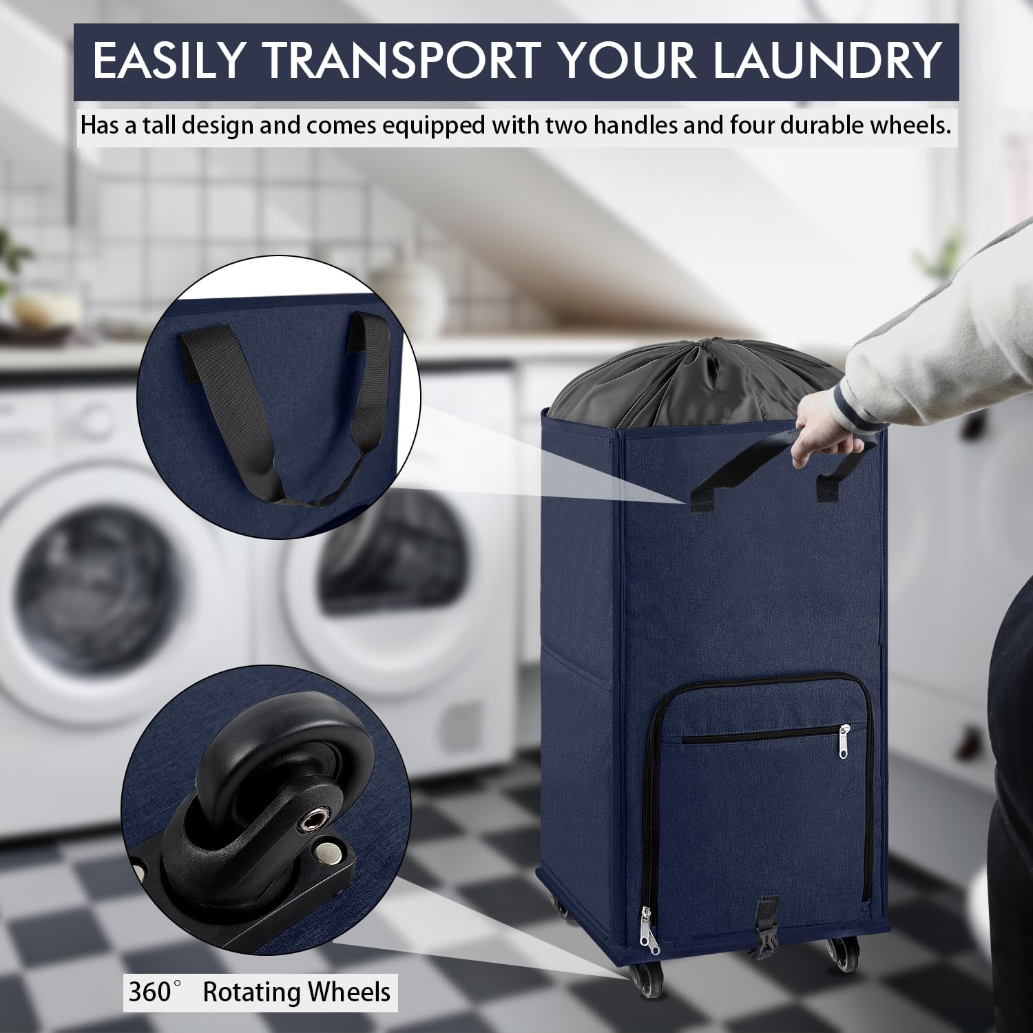 Bukere Large Rolling Laundry Basket, Laundry Hamper With Wheels, 4 Casters And 2 Handles, Collapsible Freestanding Wheeled Laund