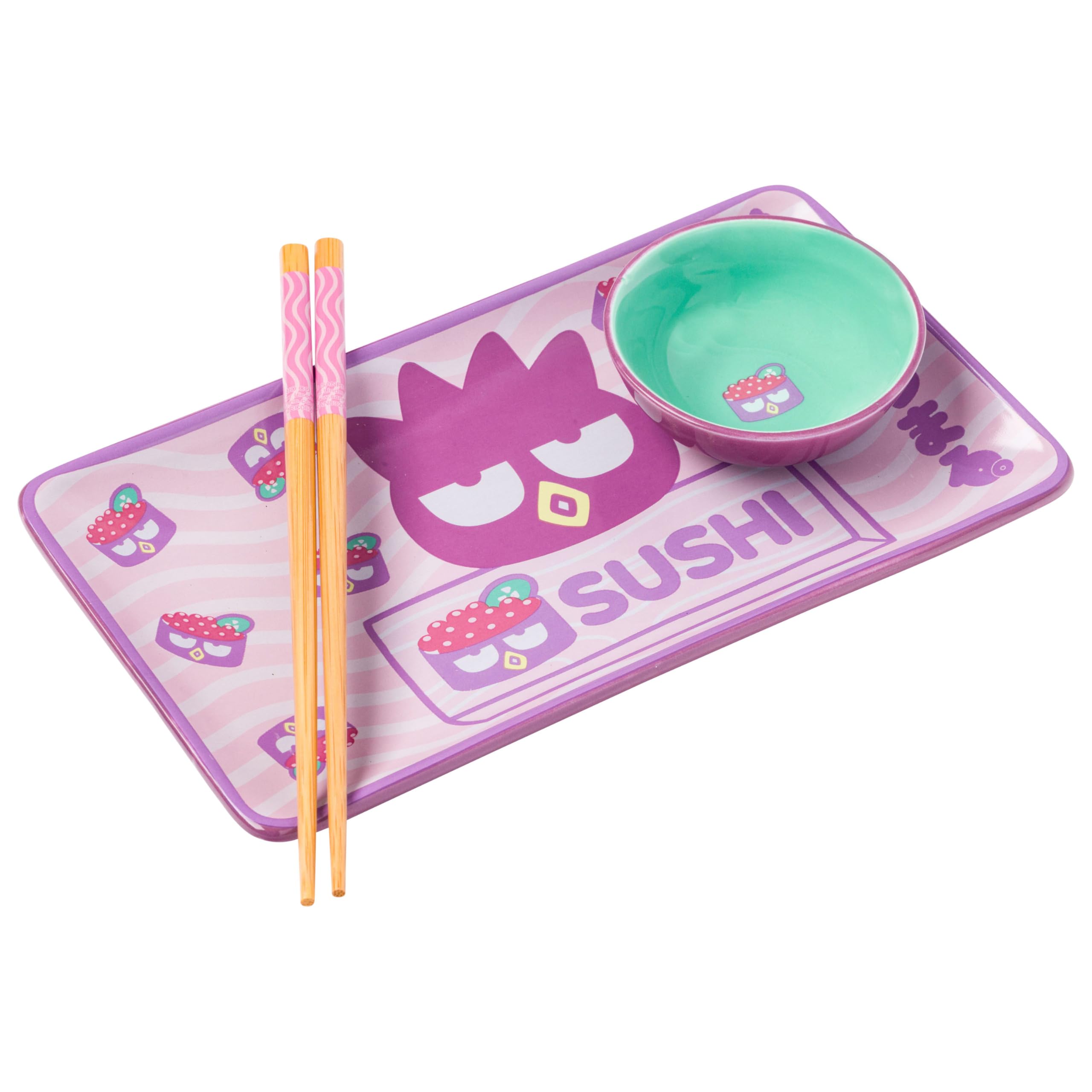 Silver Buffalo Sanrio Hello Kitty and Friends Badtz-Maru Japanese Roe Purple Ceramic Sushi Set with Dipping Sauce Dish and Match