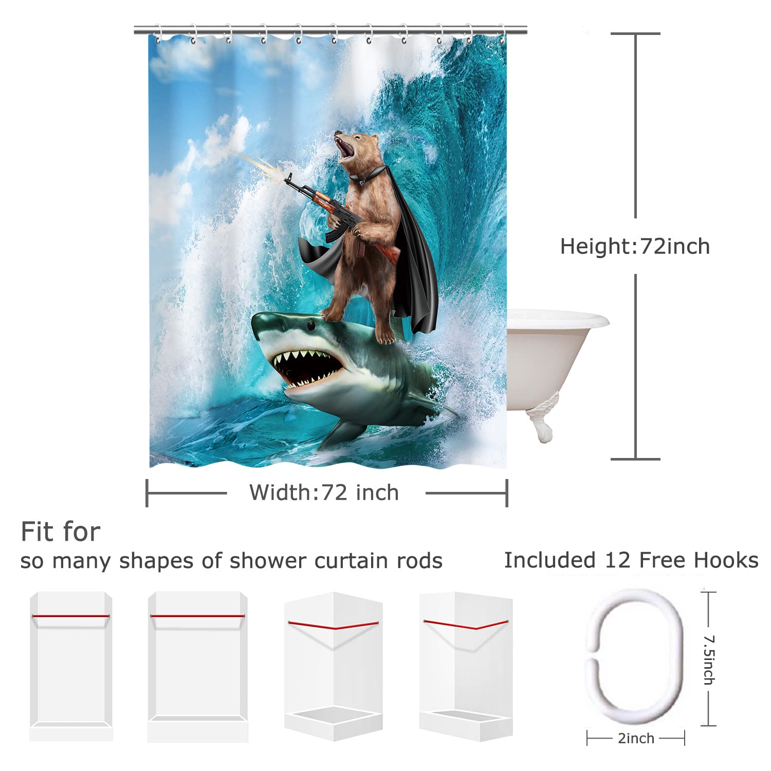 Rosielily Funny Shower Curtain, Kids Shower Curtains Set With 12 Hooks, Bear Shower Curtain, Cool Shower Curtain, Wild Bathroom