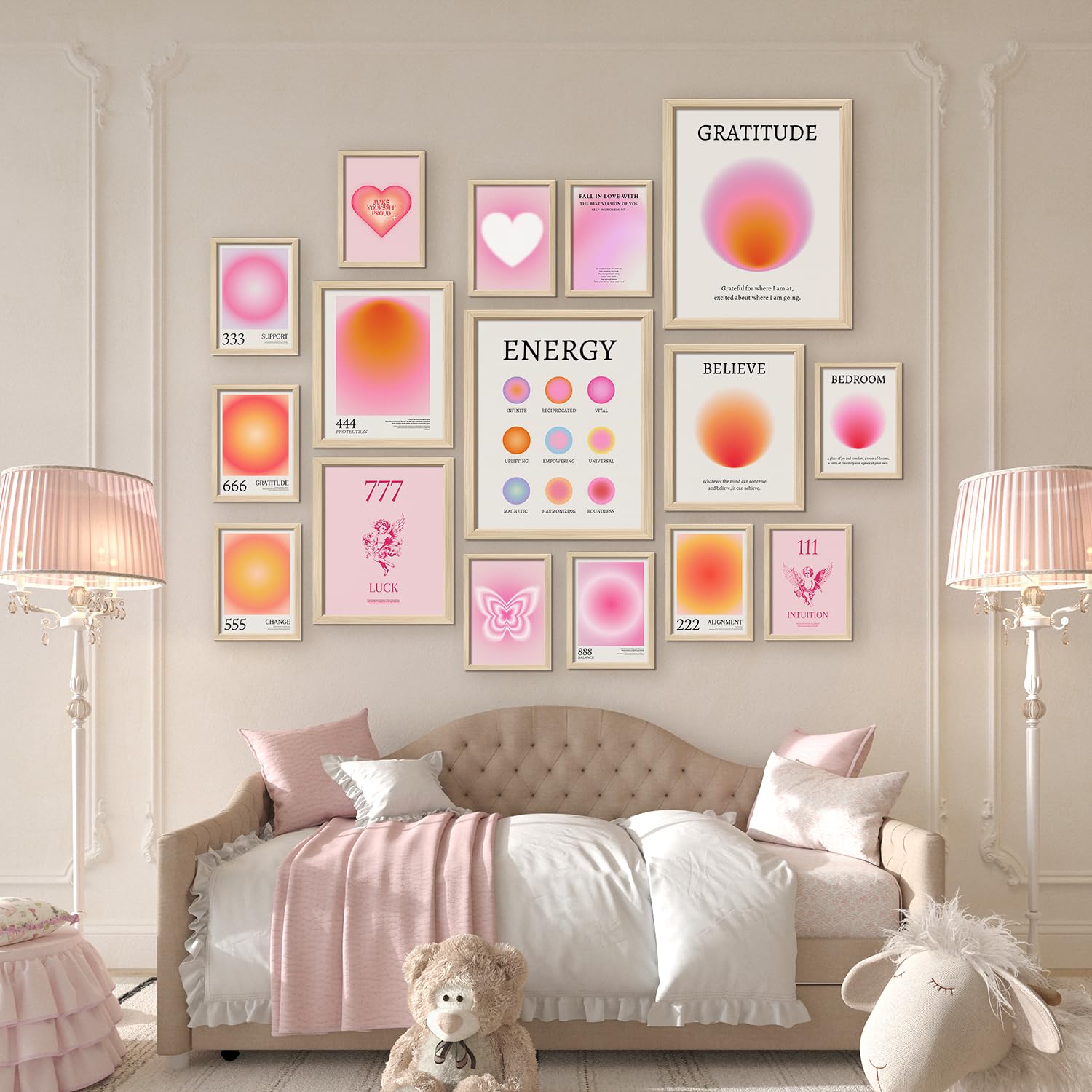 Anerza 16 Pcs Aura Angel Numbers Room Decor, Wall Art Prints For Bedroom, Posters For Room Aesthetic, Wall Collage Kit Pictures