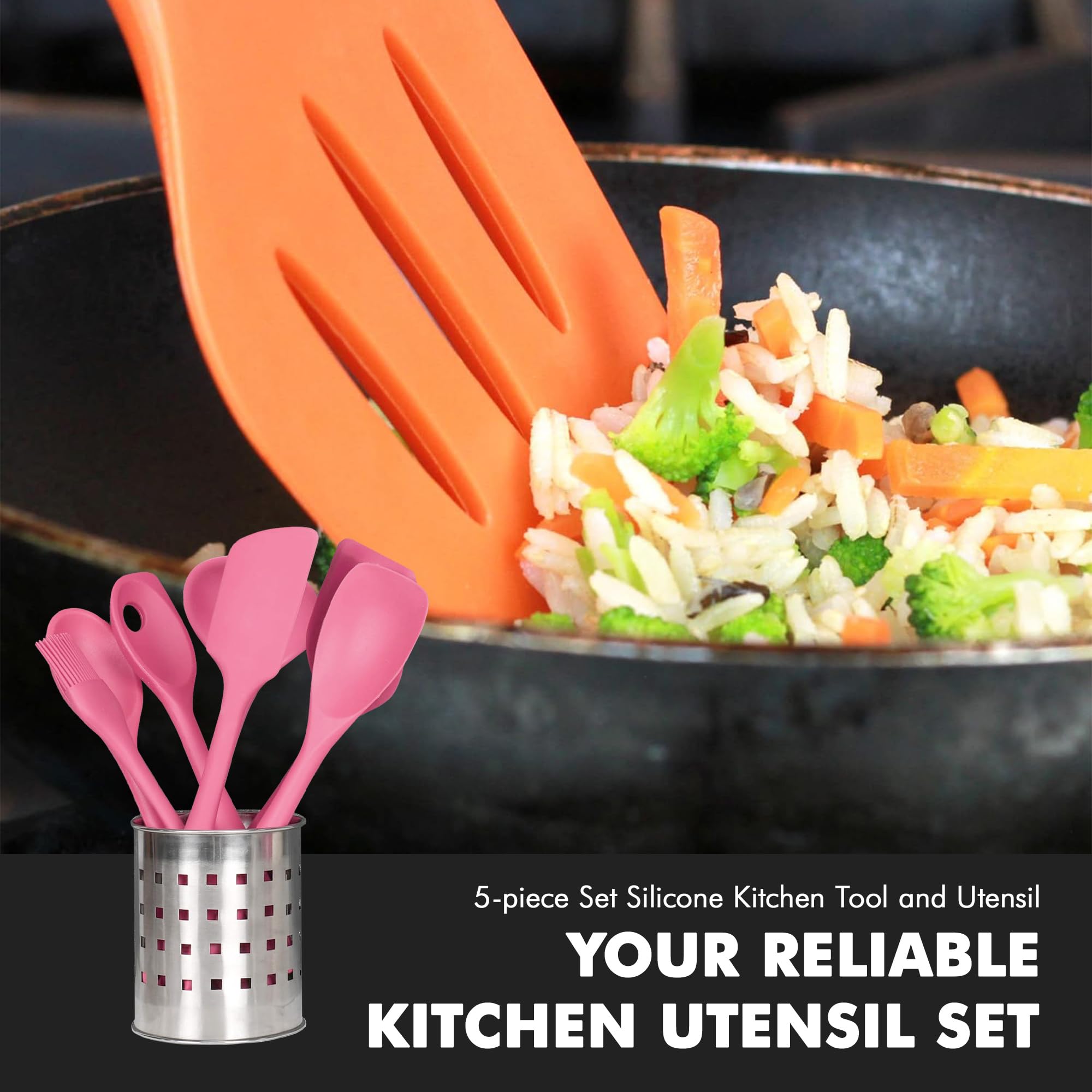 Chef Craft Premium Silicone Kitchen Tool And Utensil, 5 Piece Set, Pink