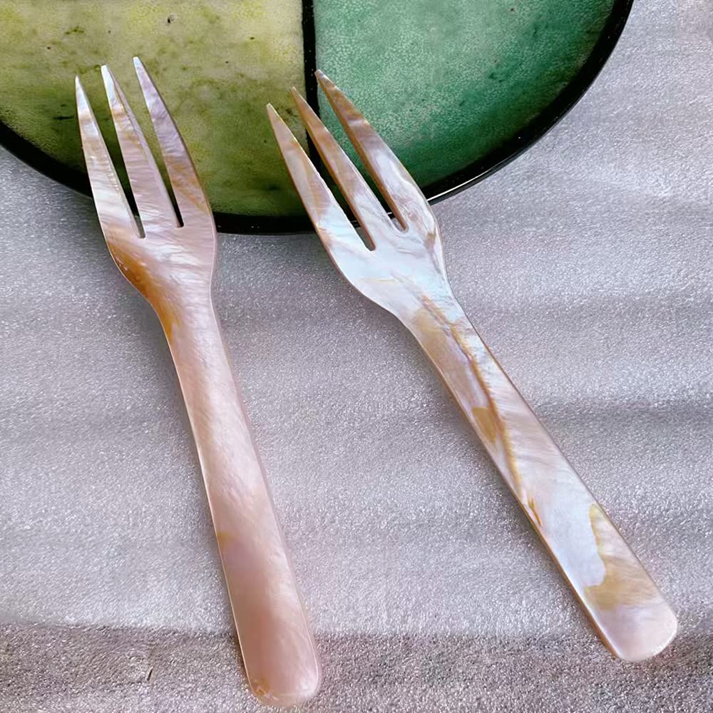 I-Lan 8 Pack Pink Mother Of Pearl Spoon Fork With Natural Patten,5 Inch Stunning Mop Caviar Spoon With Beautiful Shine, Finely H