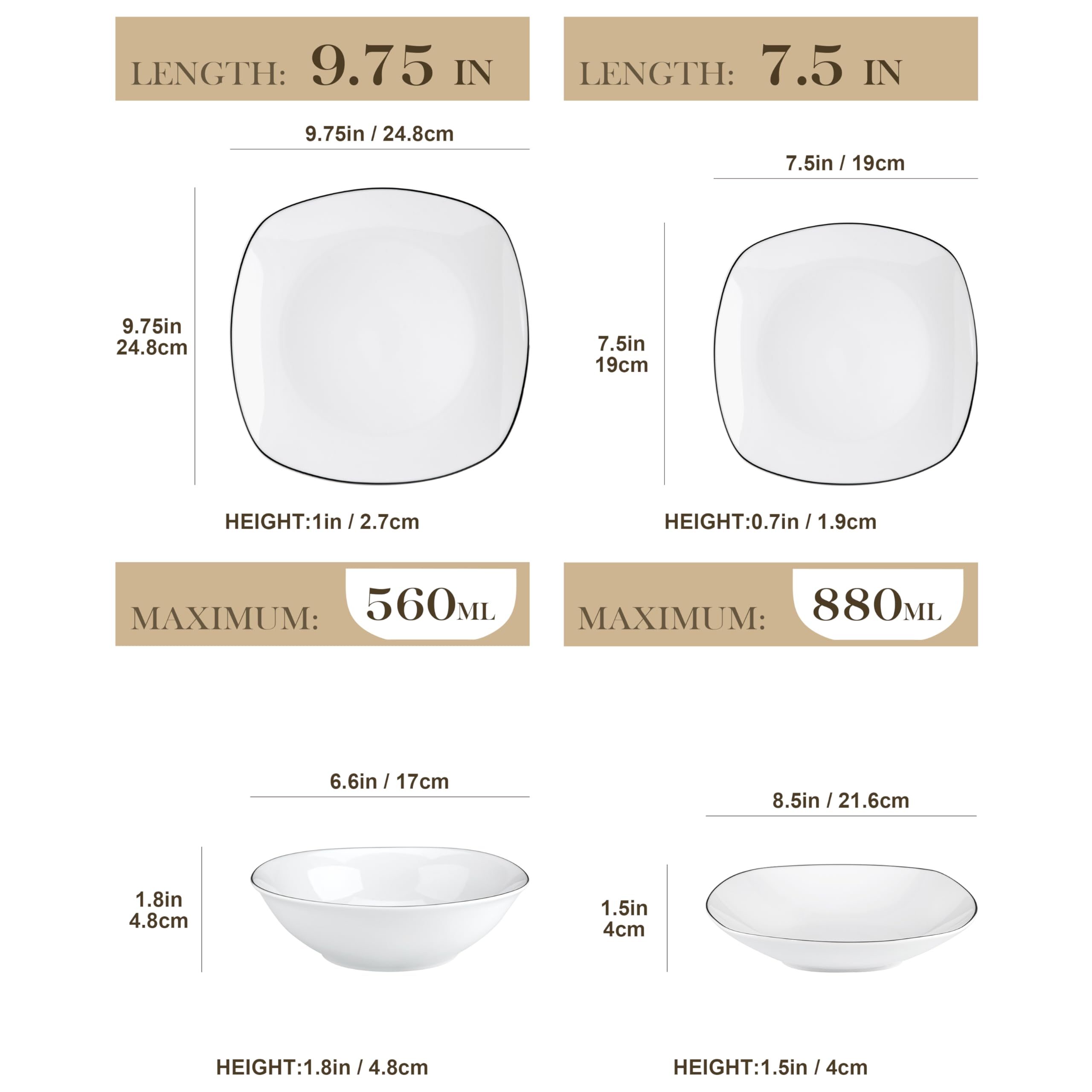 MALACASA 24-Piece Dinnerware Set, Porcelain Square Plates & Bowls, ELISA-Black Rim, Chip Resistant, Service for 6