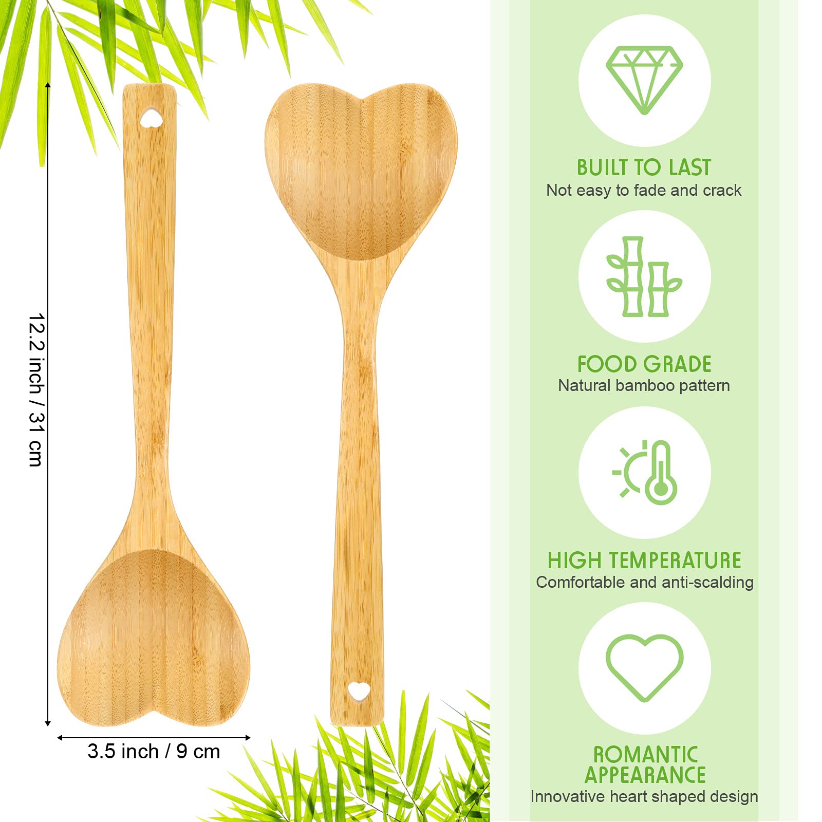 Patelai 2 Pieces Bamboo Heart Shaped Wooden Spoon Set, 12.2 Inch Long Handle Wooden Kitchen Utensils Wooden Serving Mixing Spoon