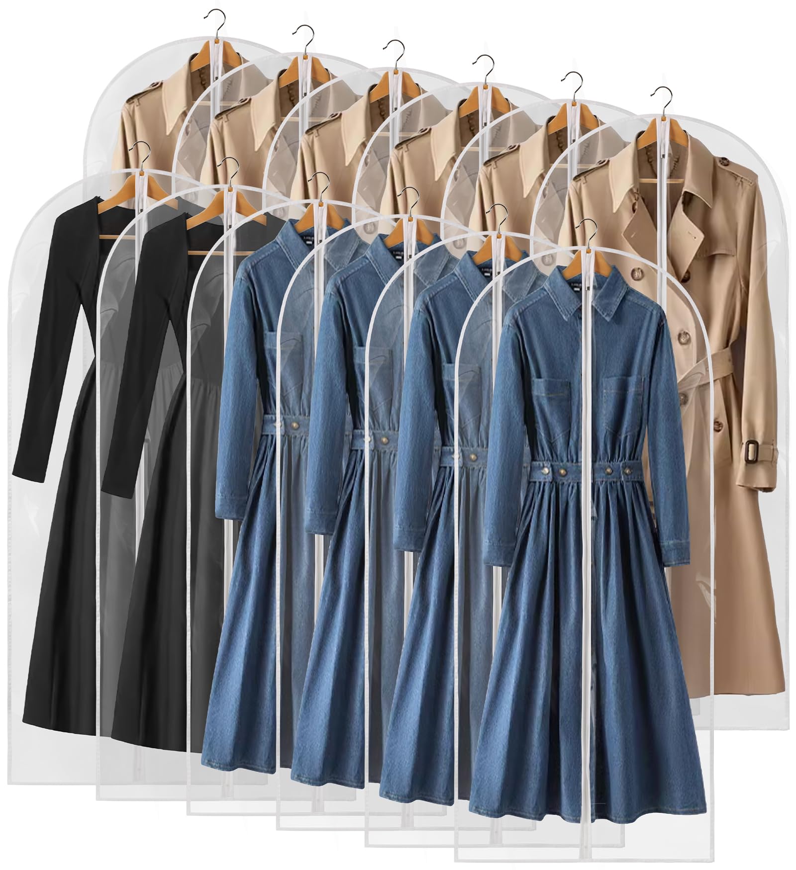Perber 55'' All Clear Garment Bags For Hanging Clothes, 12 Packs Dress Bags For Gowns, Plastic Waterproof Garment Covers With Zi
