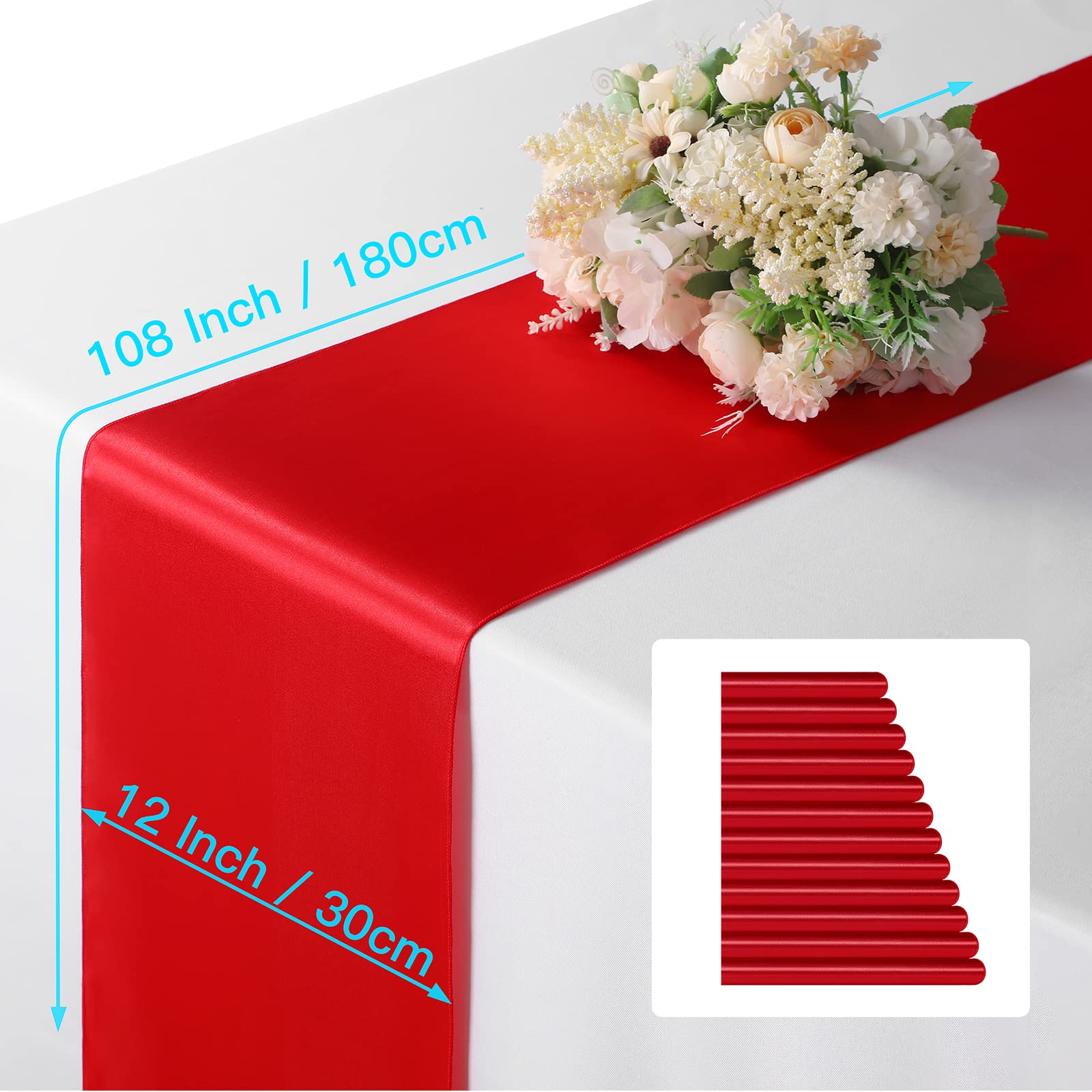 Manyshofu 12Pcs Satin Red Table Runner - 12 x 108 Inch Long Size  Party Table Runner Decor Bright & Smooth Wedding Decorations Table Runner for Banquet Chef Birthday Buffet Dinner Graduations