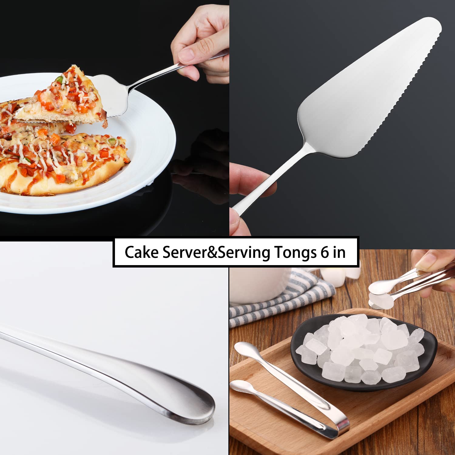 Iaxsee 6 Pcs Stainless Steel Serving Utensils, Large Serving Spoons Slotted Spoons, Forks, Ice Suger Tongs, Cake Server, Soup La