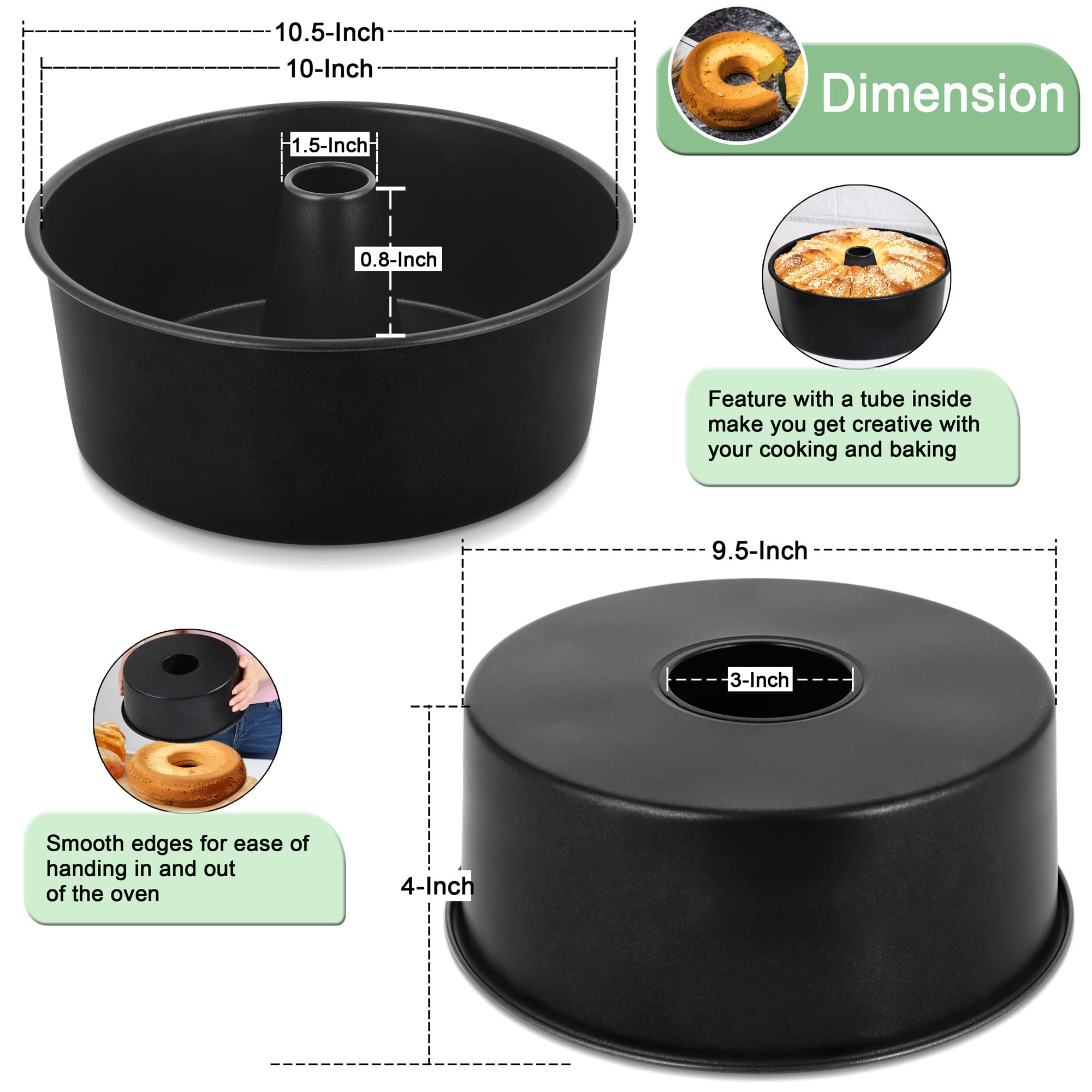 Lianyu 10 X 4 Inch Angel Food Cake Pan, Black Nonstick Tube Pan For Baking Pound Cake, Deep Chiffon Cake Mold With Stainless Ste