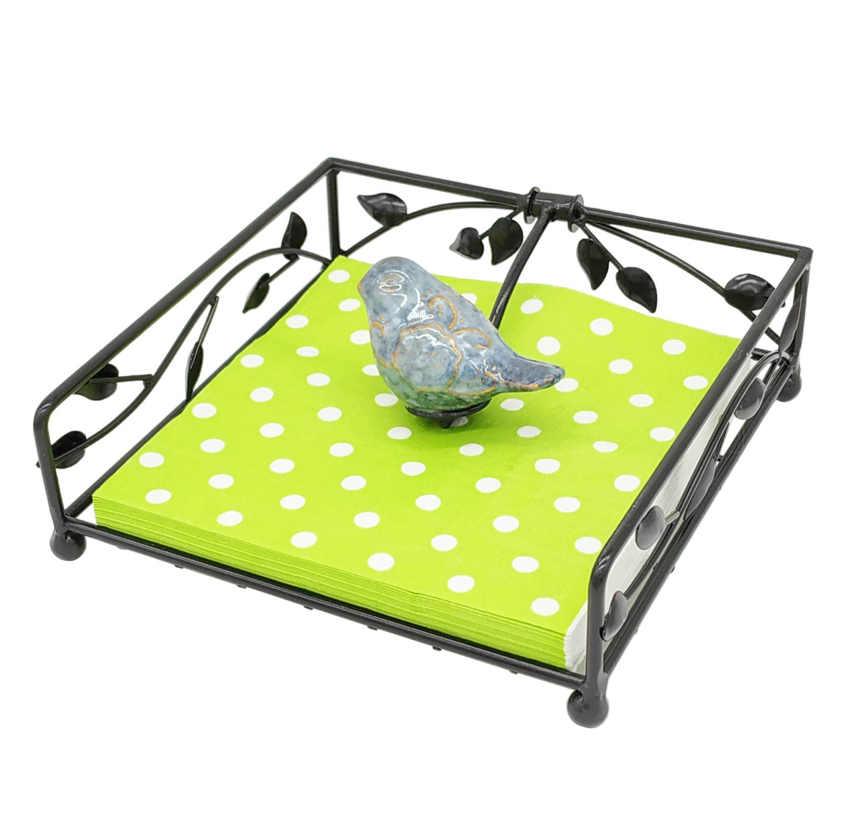 Owlgift Collection Black Coated Metal Flat Napkin Holder Dispensing Stand W/Ceramic Bird, Kitchen And Countertop Flat Napkin Sto