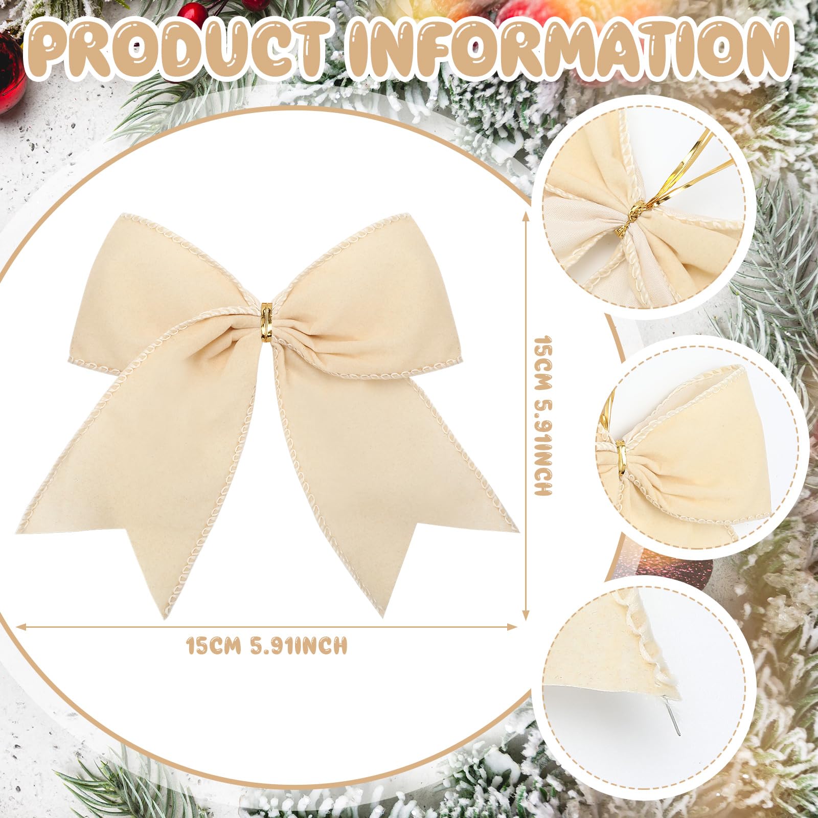 Janinka 12 Pcs Cream White Christmas Velvet Bows 6 Inch Rustic Wreath Gift Bows Vintage Xmas Velvet Ribbon Bow Ornaments for Xma