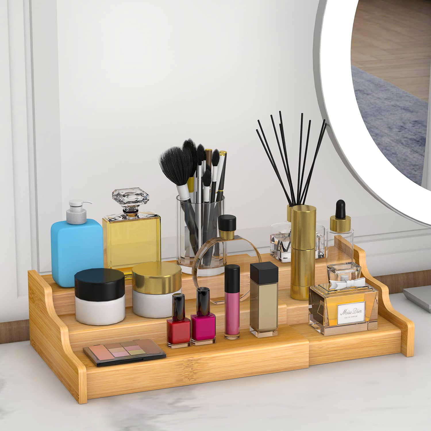 Ruichang 2PCS 3 Tier Expandable Bamboo Spice Rack Seasoning Organizer for Cabinet Pantry Countertop Kitchen Step Shelf