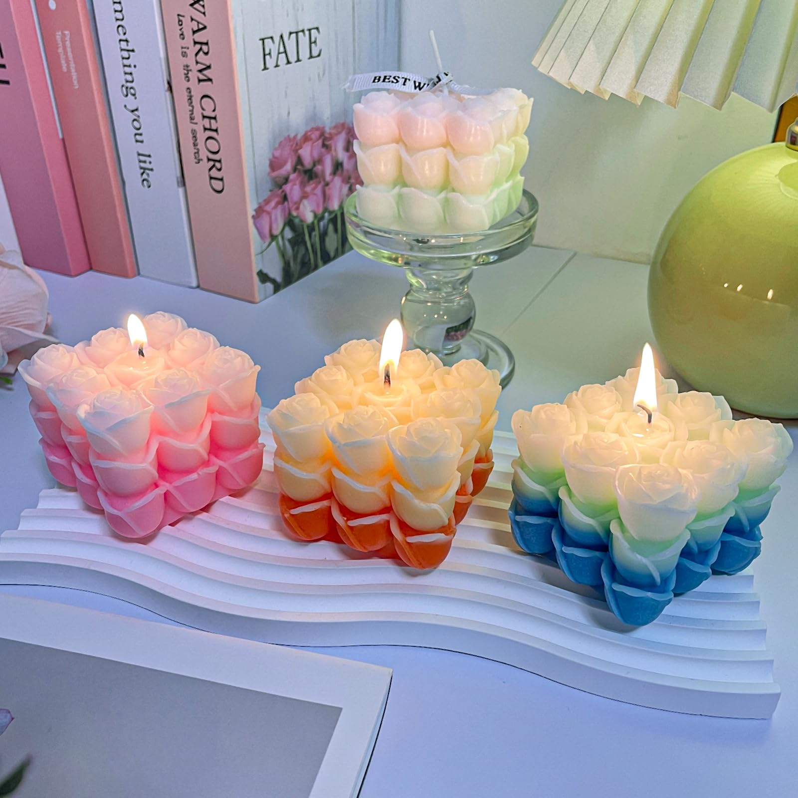 4 Pack Rose Bubble Candles - Multi-Color Gradient Cube Soy Wax Pillar Candles for Home Decor, Romantic Scented Candles for Valen