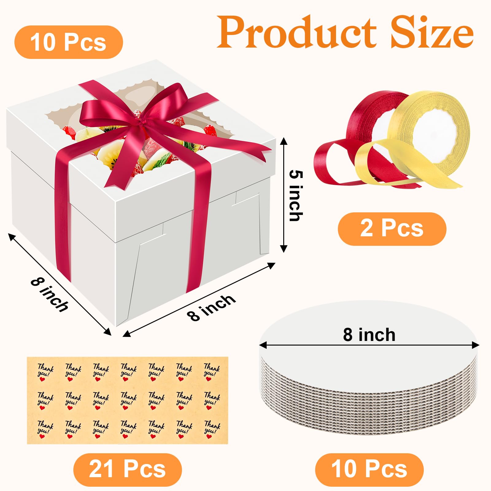Sudaya 3Pcs 10x10x5 Cake Boxes with Window, Cake Boxes 10 inch withTall Cakes Boards Ribbon Stickers, 10in Disposable Bakery Con
