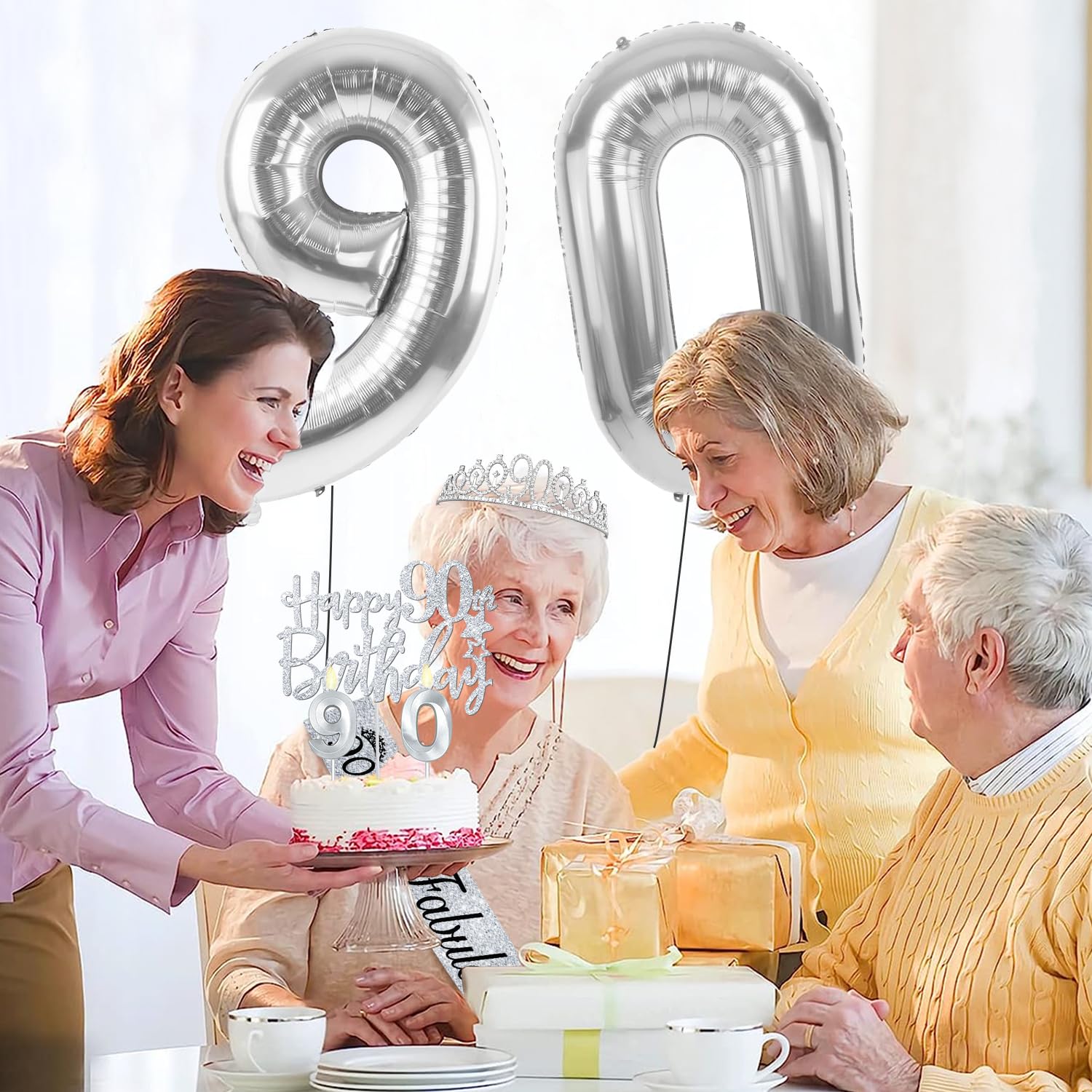 90th Birthday Decorations for Women Silver with 90th Birthday Sash and Crown, Cake Topper and Candles, Silver Number Balloons, 9