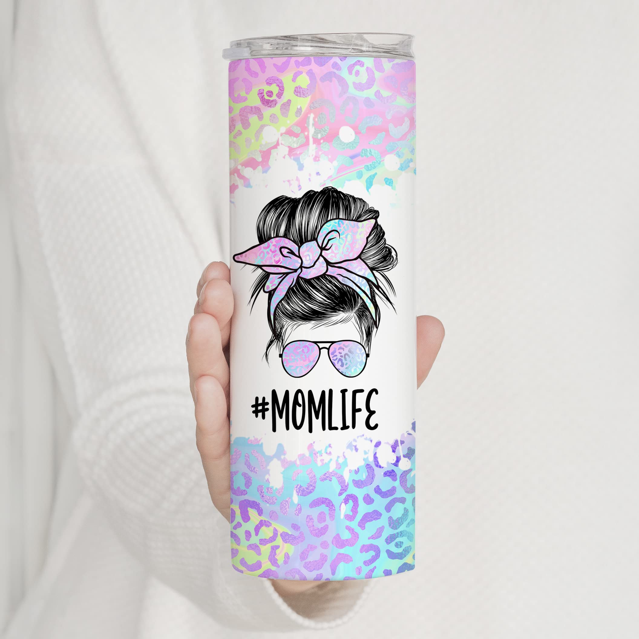 Younique Designs Iridescent Leopard Mom Coffee Tumbler With Straw And Lid, 20 Oz, Insulated Stainless Steel Skinny Tumbler For W