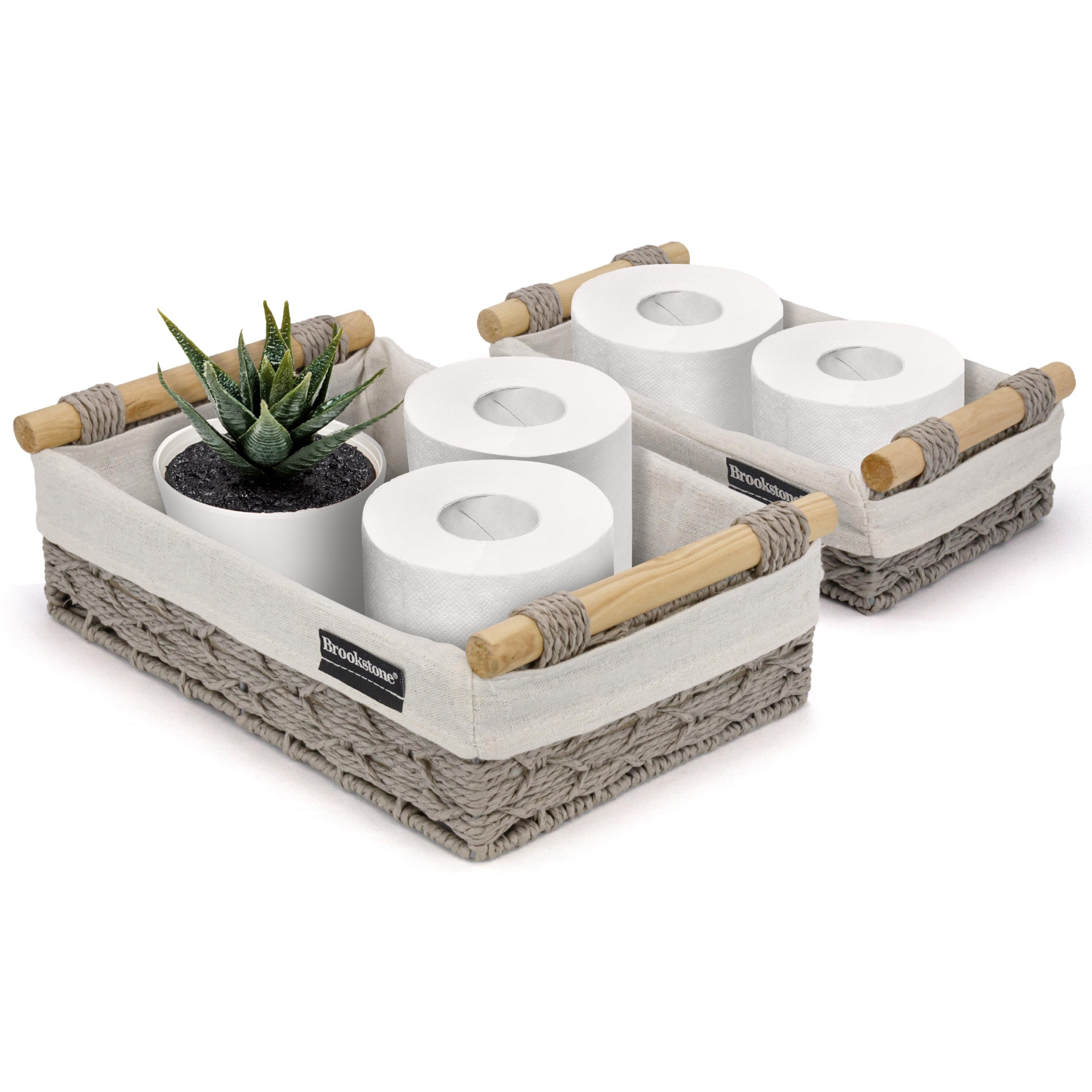 Brookstone [2 Piece Set] Wicker Storage Basket With Crafted Wood Handles, Organization And Storage Container, Decorative Shelf B