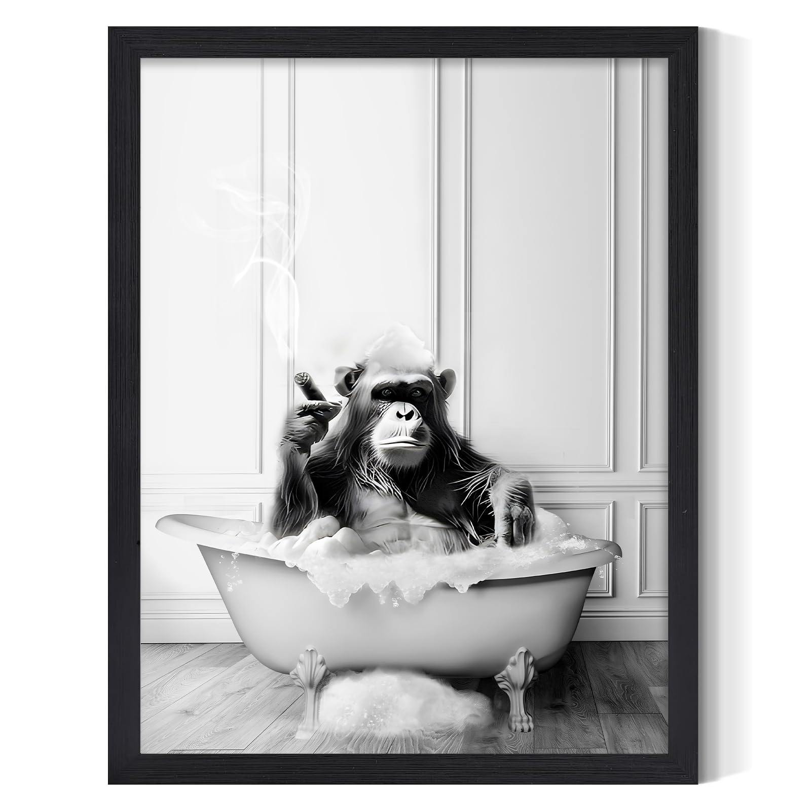 Kbkbart Framed Bathroom Decor Wall Art, Funny Canvas Chimpanzee In Bathtub Bathroom Picture, Black And White Bathroom Wall Art D
