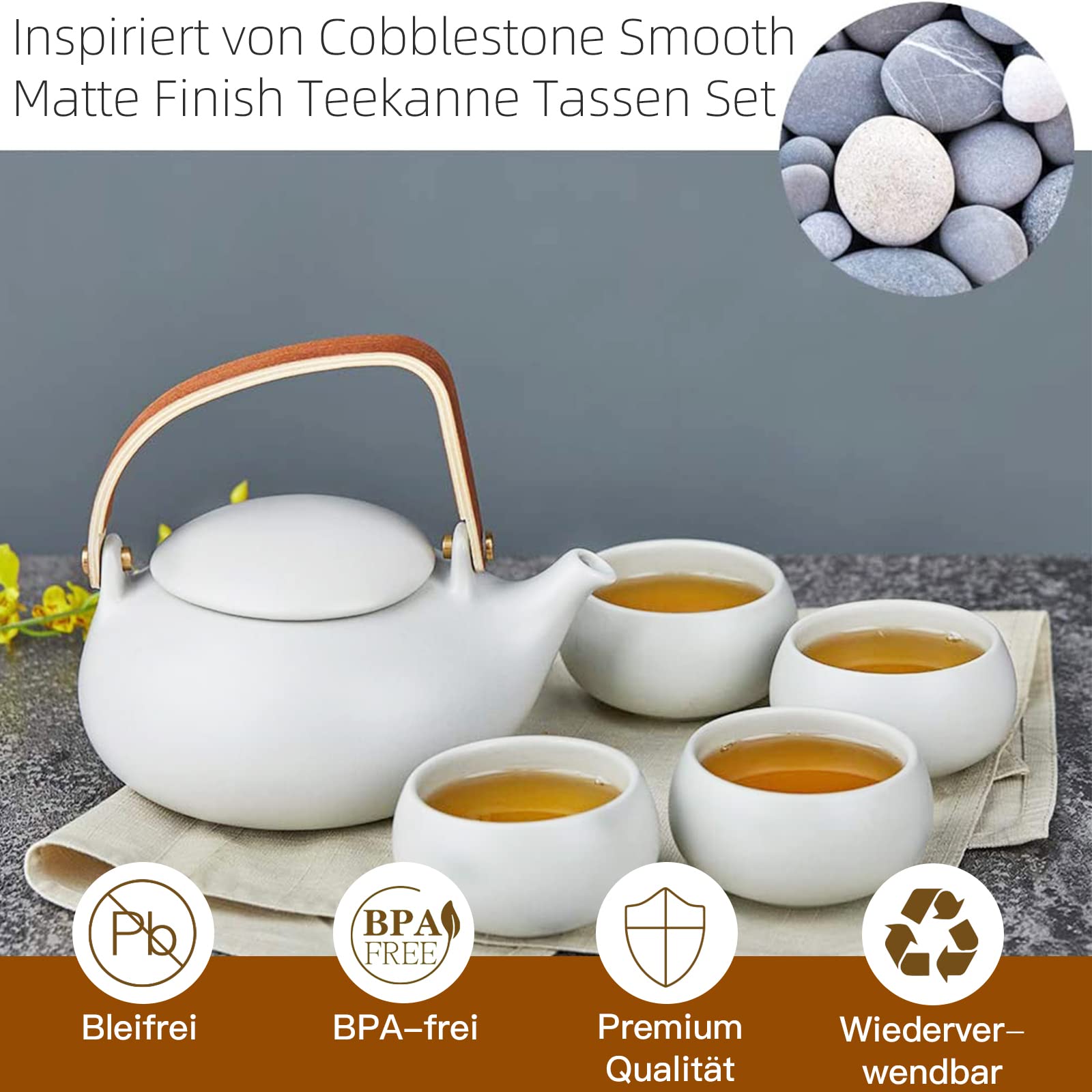ZENS Vintage Japanese Tea Set, 27oz Ceramic Japanese Teapot with Infuser, Wood Handle Matte Gray Teapot with Strainers and 4 Cup