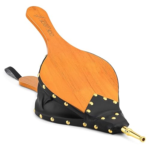 OAK LEAF Bellows  19'' x 8'' Large Fire Bellow for BBQ Fireplace Fire Pit Indoor Outdoor Wood Stove Barbecue Camping  Wood Air Blower Hand Bellows with Hanging Strap & Zinc Alloy Nozzle  Oak Wood