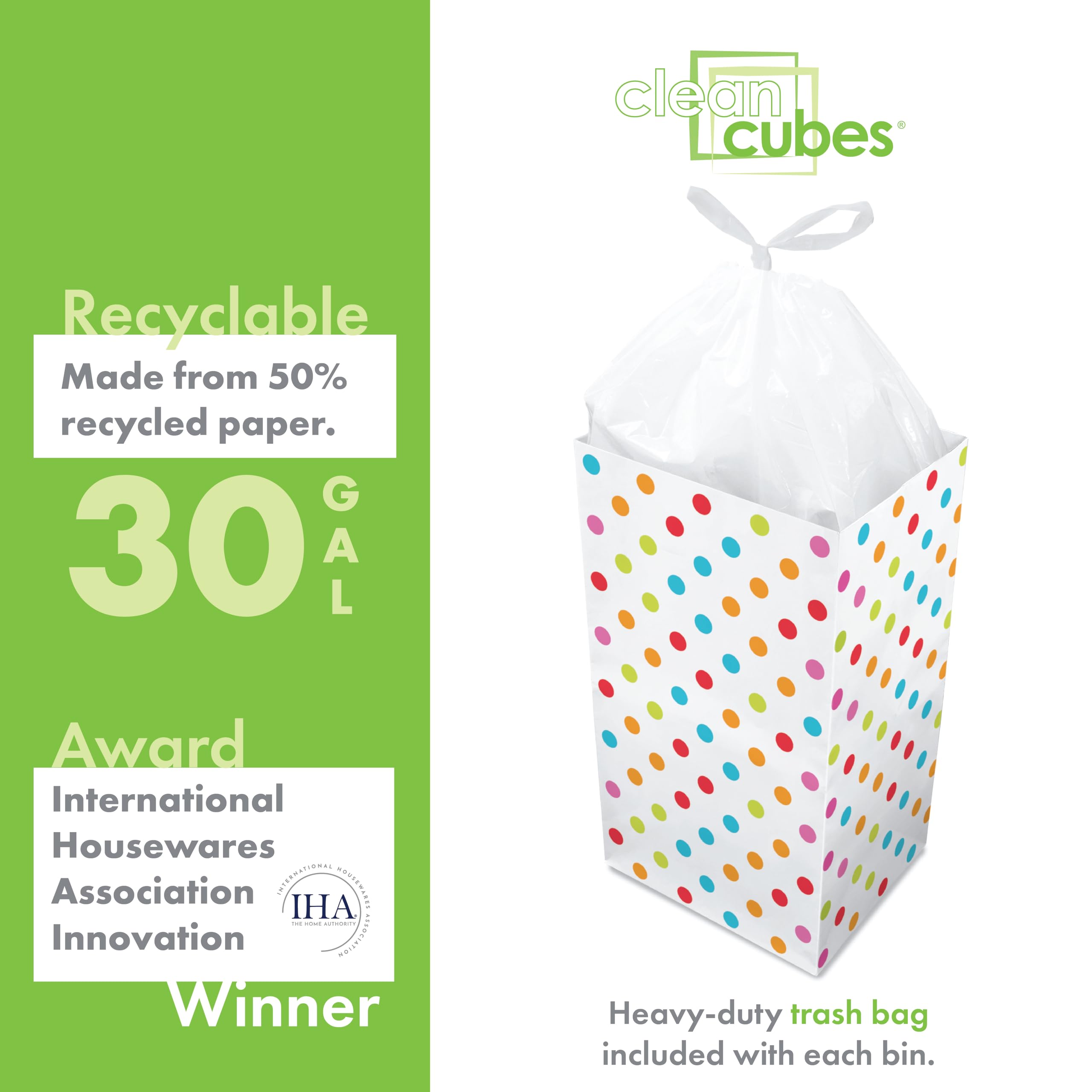 Clean Cubes 30 Gallon Disposable Trash Cans (3-Pack). Reusable Garbage and Recycling Bins for Parties  Events  and More (Polka Dot - 30 '' Tall x 14 '' Wide 17 '' Deep)