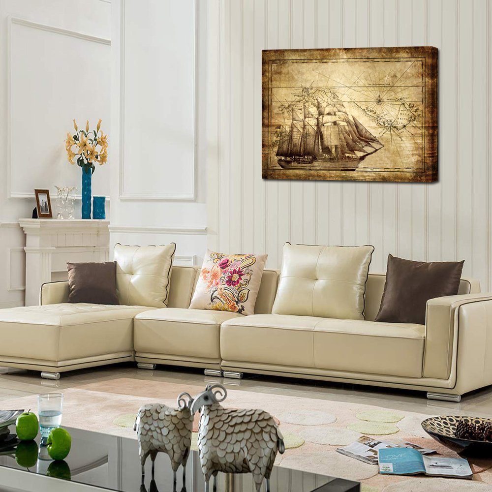 KREATIVE ARTS Large Old World Map Sailing Map Painting Canvas Print Nautical Wall Art Prints Ready to Hang 40x30inch