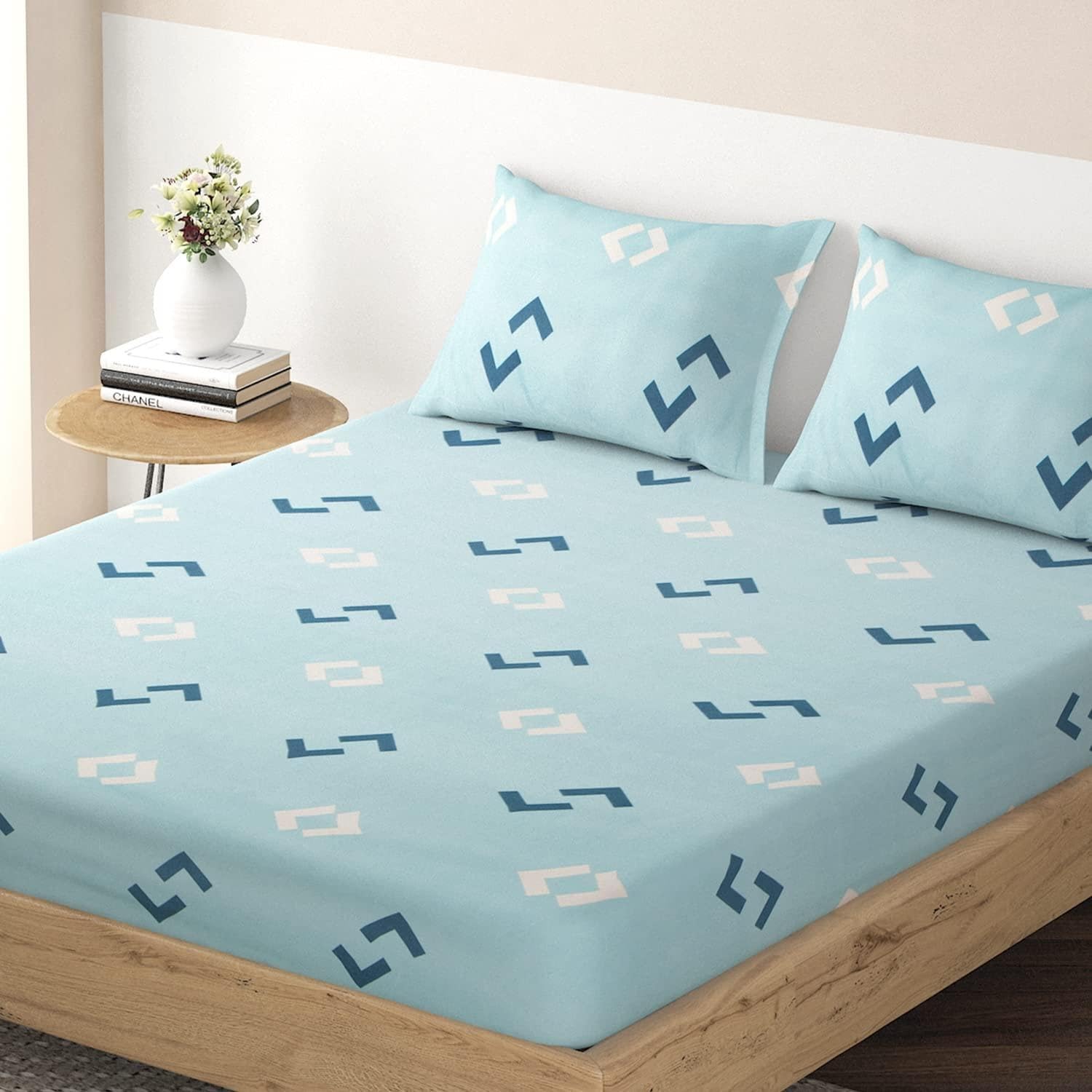 Tript Elastic Fitted Glace Cotton King Size (78X72 Inches Upto 6 Inches) Bedsheet For Kids With 2 Pillow Covers - 200Tc Aqua Arr