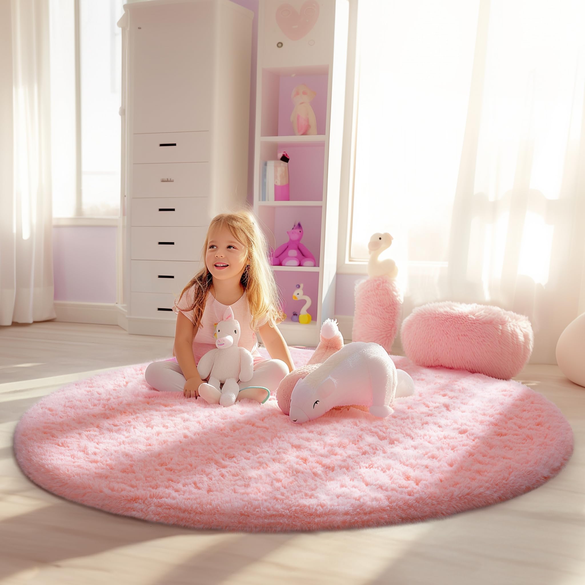 Ophanie Pink Round Rug for Bedroom Girls, Kids Fluffy Kawaii Fuzzy Shag Circle Circular Area Rugs, Cute Plush Christmas Small Ca
