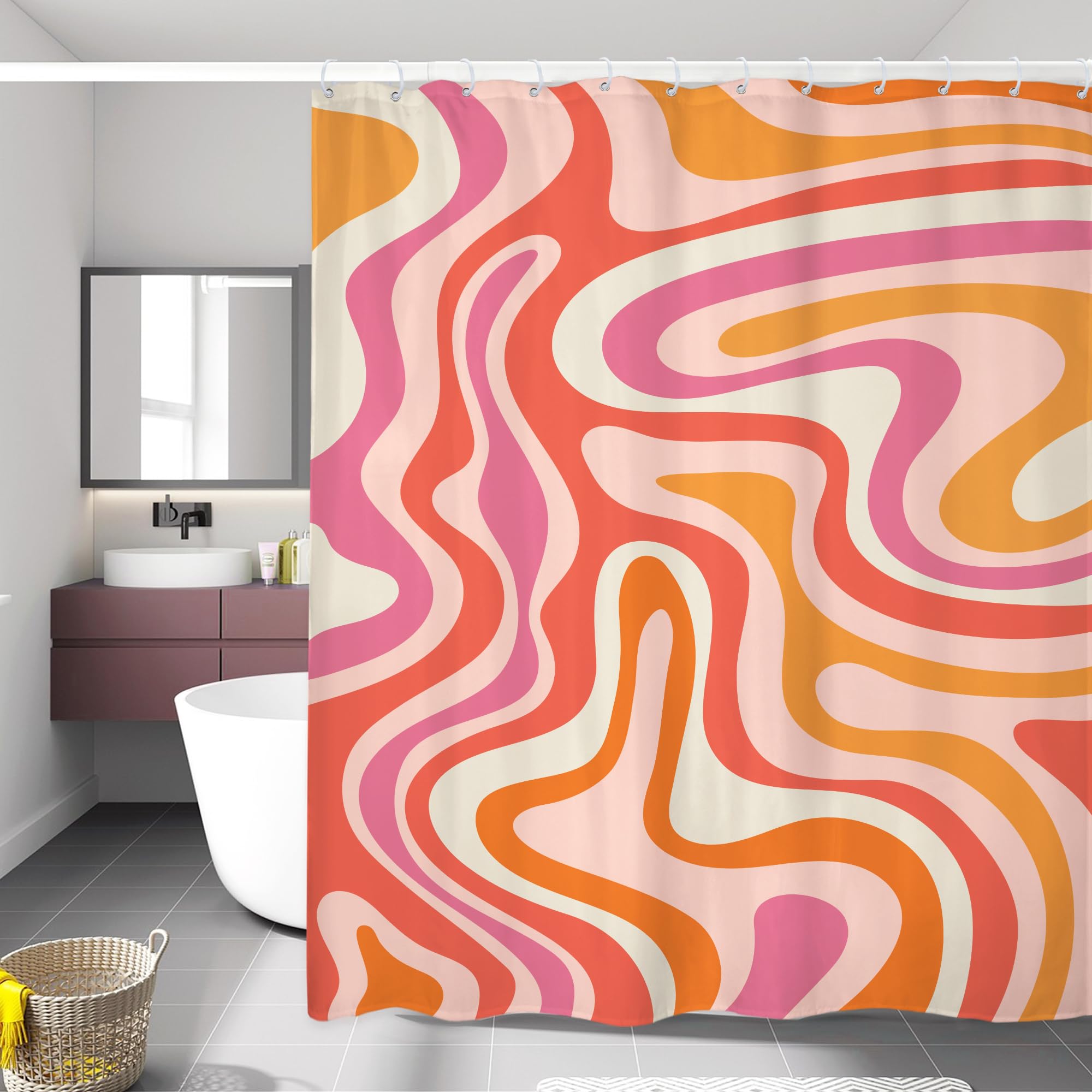 Lightinhome Abstract Pink Shower Curtain 60Wx72H Inches, Retro Orange Shower Curtain, Groovy Aesthetic Cute 70S Retro Spiral Swi