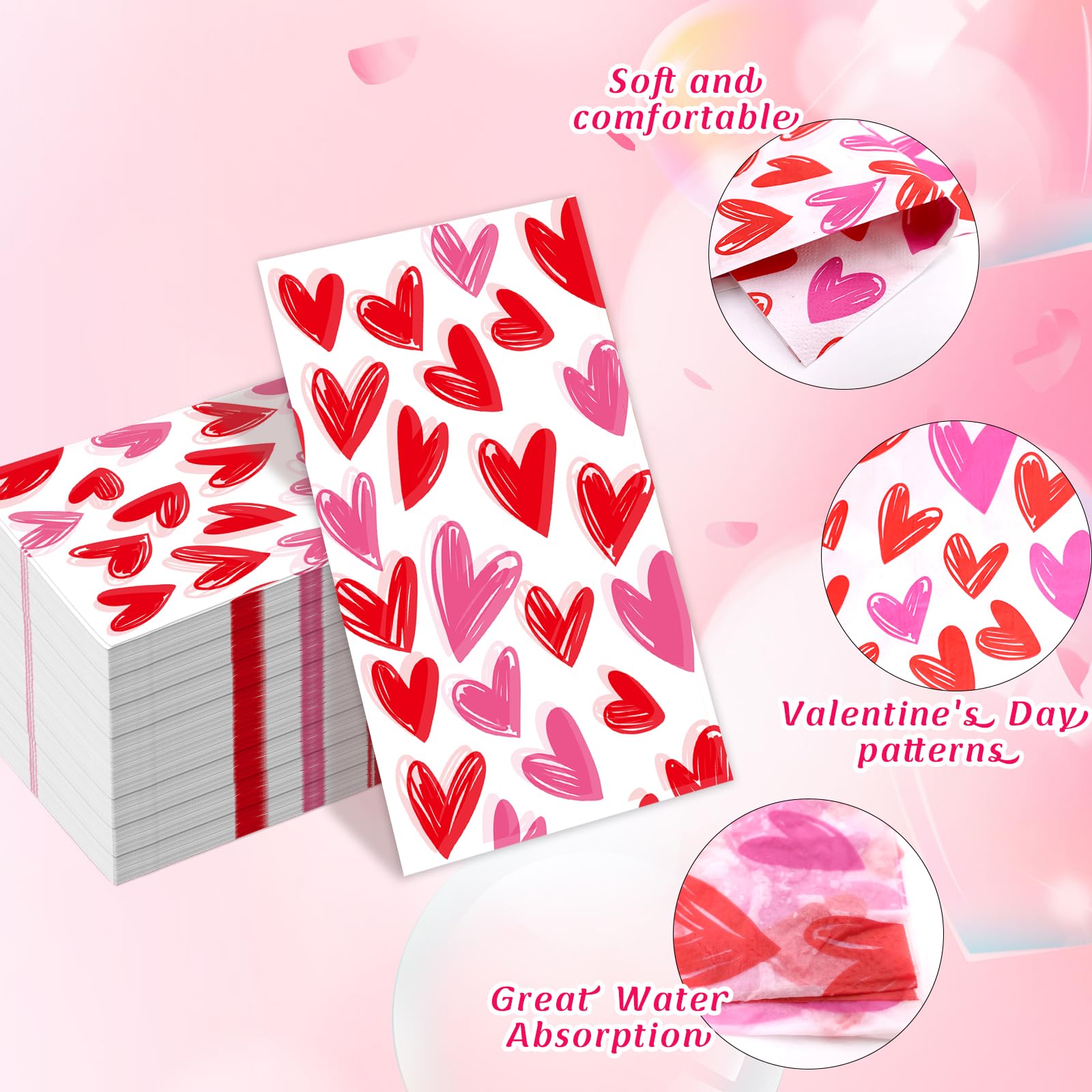 Valentines Day Paper Napkins Heart 100Pcs Disposable Hand Towel Valentines Day Party Decorations Guest Napkin For Dinner Bathroo
