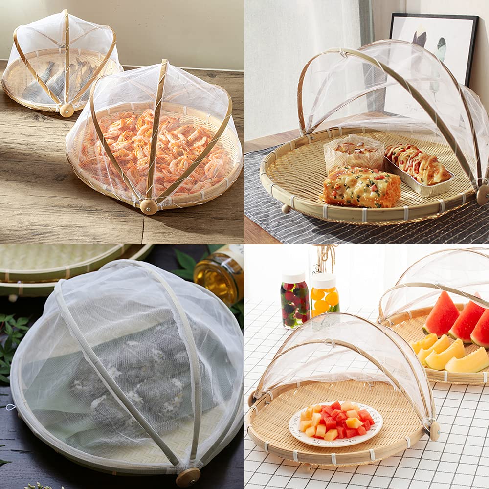 Food Bamboo Food Serving Tent Basket Hand-Woven Basket Serving Dustproof Round Picnic Basket Vegetable Fruits Bread Food Home Fo