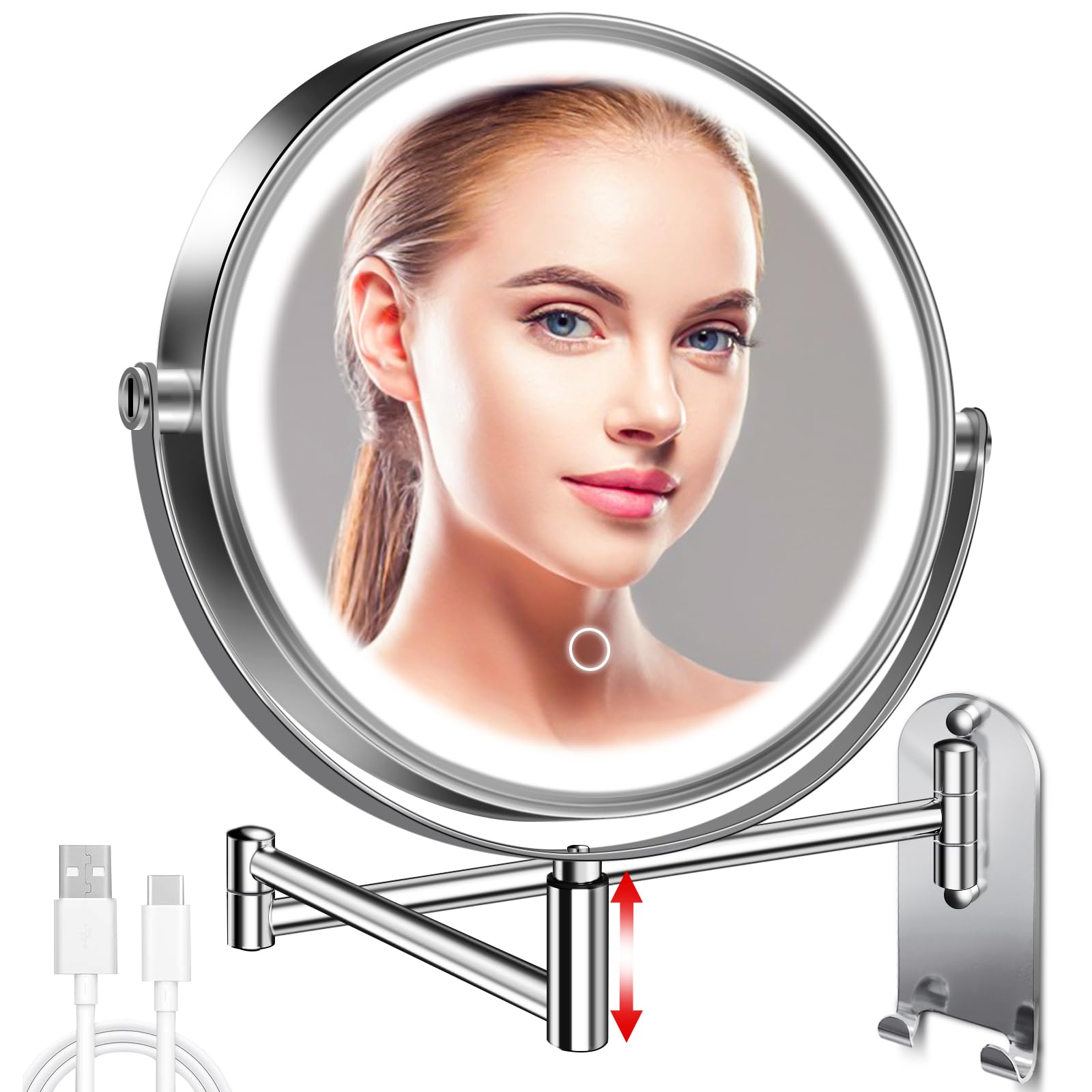 Conlwin 9'' Wall Mounted Lighted Makeup Mirror, 3000Mah Rechargeable Double Sided 1X/10X Magnifying Mirror With Hook,3 Color Lig