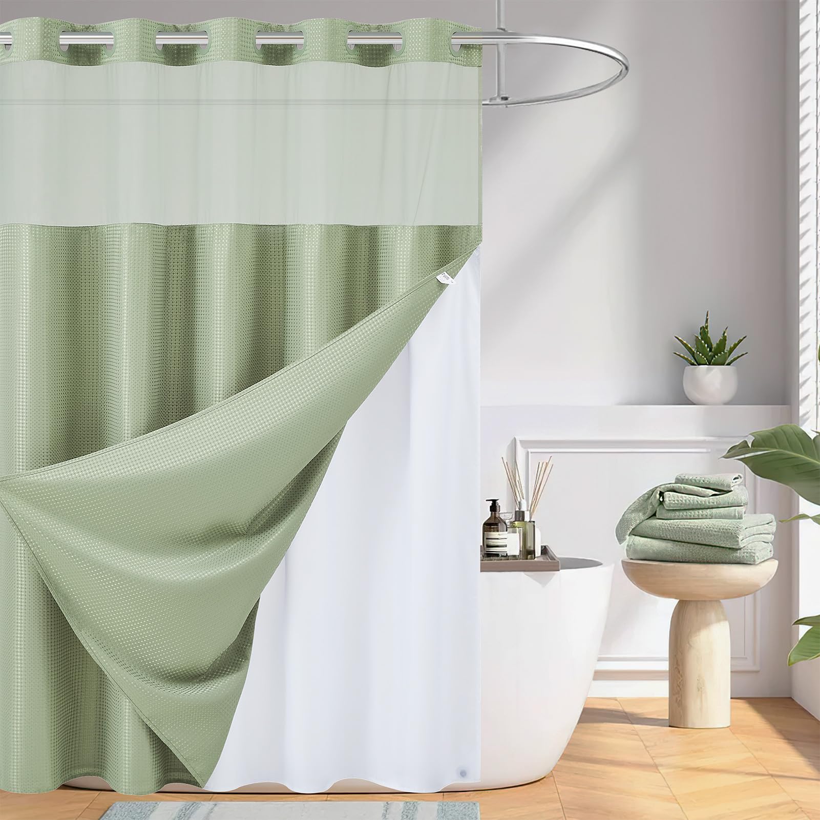 Furlinic Stall Shower Curtain No Hook With Snap In Liner,Waffle Weave Waterproof Bathroom Curtains With See Through Top Window &