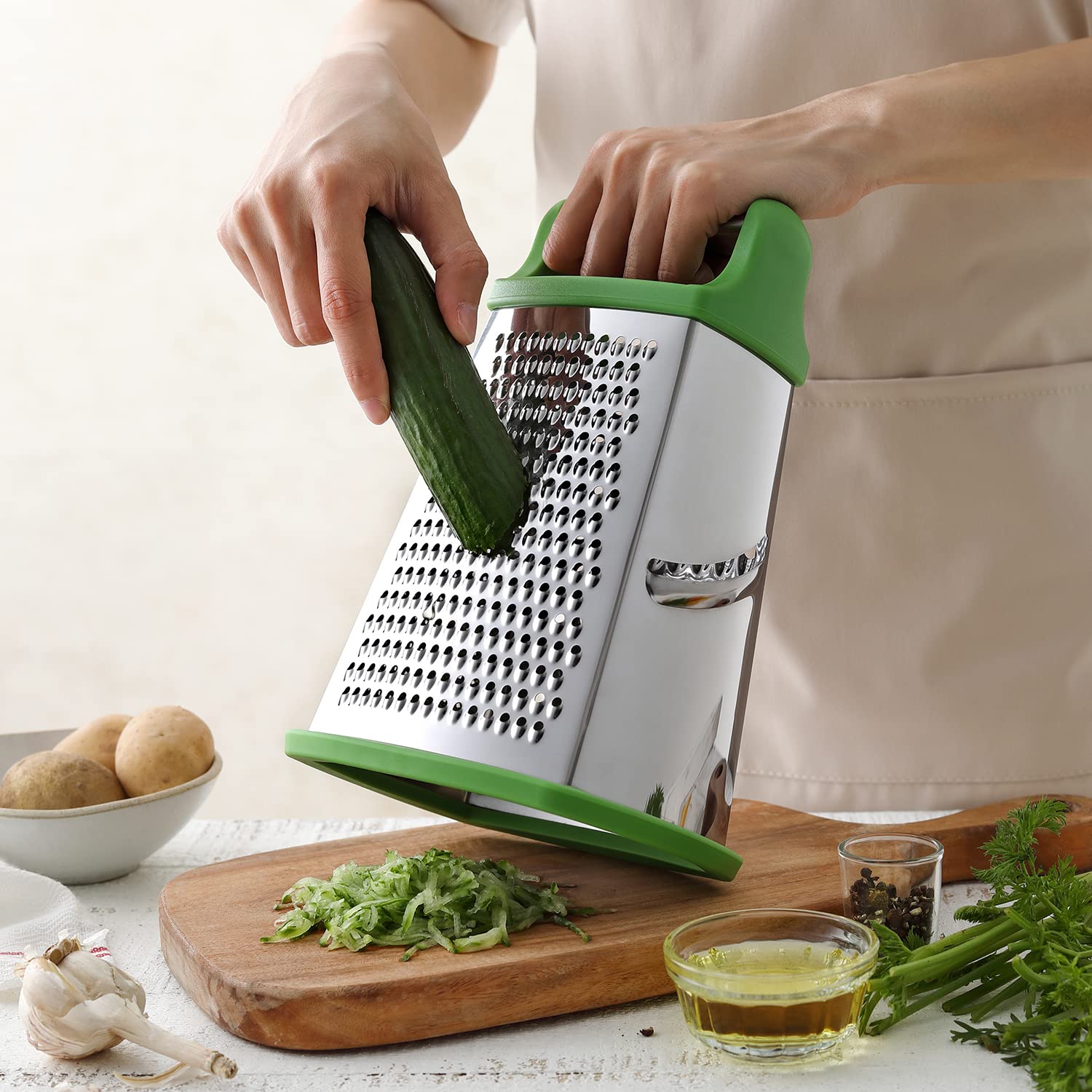 Spring Chef XL Green Stainless Steel Box Grater - 4 Sided, Dishwasher Safe, Ideal for Cheese, Vegetables, and More