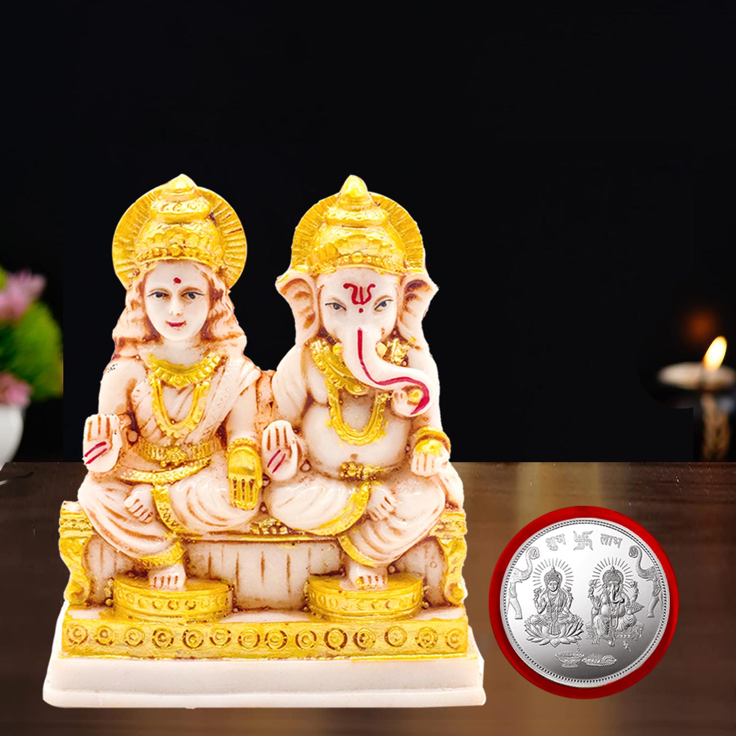Kitlyn Lakshmi Ganesha Statue Idol Diwali Pooja + Ganesh Lakshmi Silver Coin Decorative Showpiece - 12 Cm