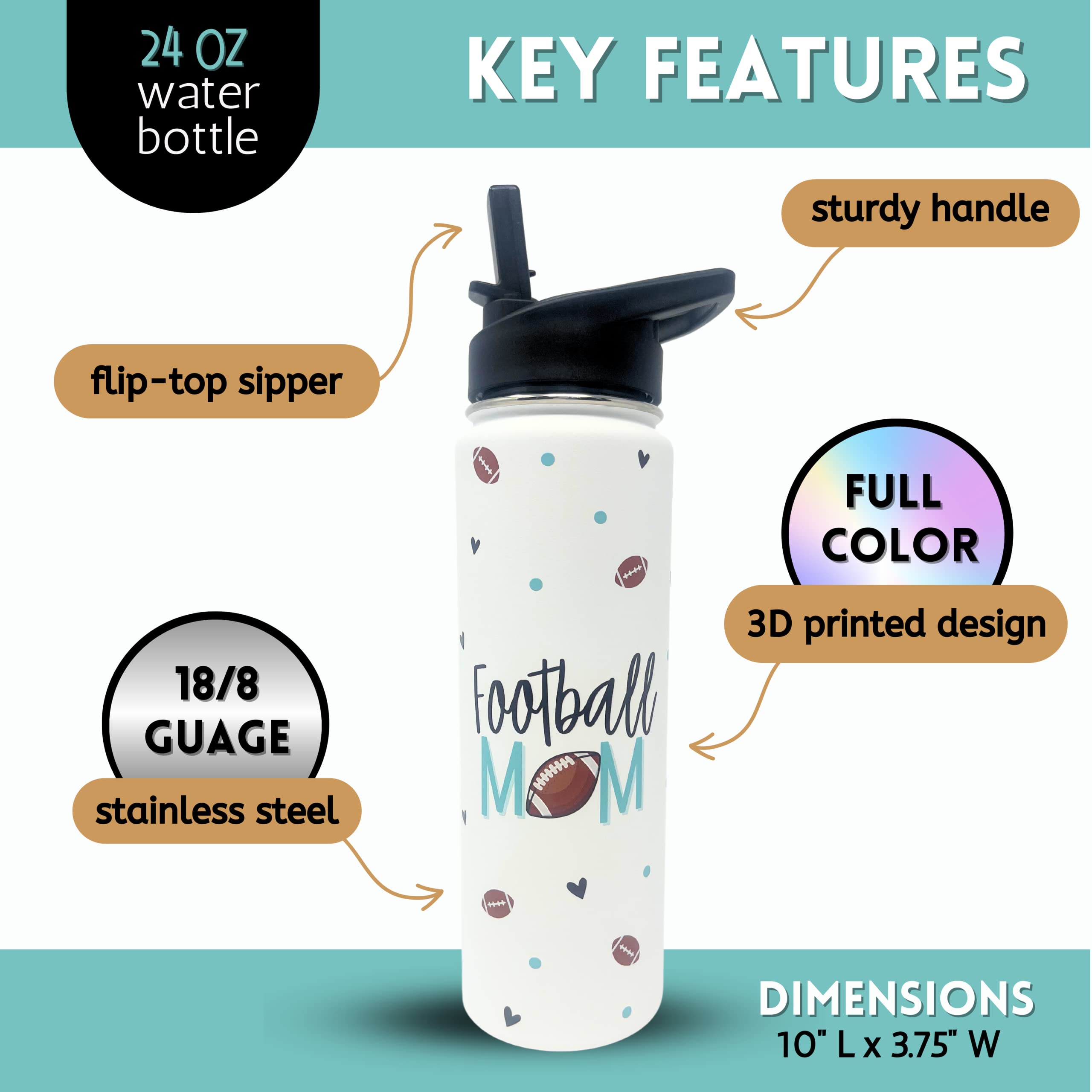 Brooke & Jess Designs Football Mom Tumbler Gifts - Large Insulated Water Bottle With Straw - Stainless Steel Metal 24 Oz Travel