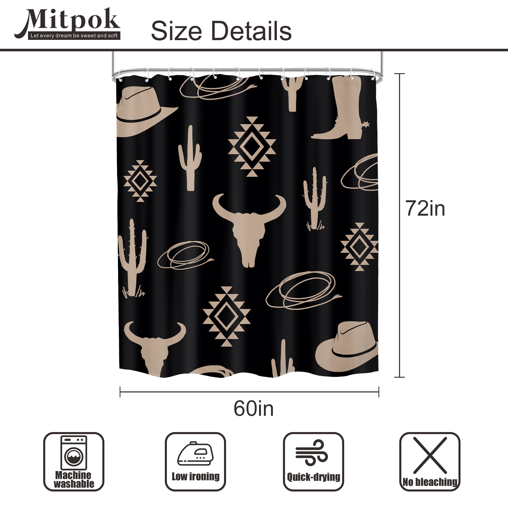 Mitpok Boho Western Bull Skull Shower Curtain 60Wx72H Farmhouse Retro Cow Head Desert Longhorn Black Cactus Southwestern Vintage