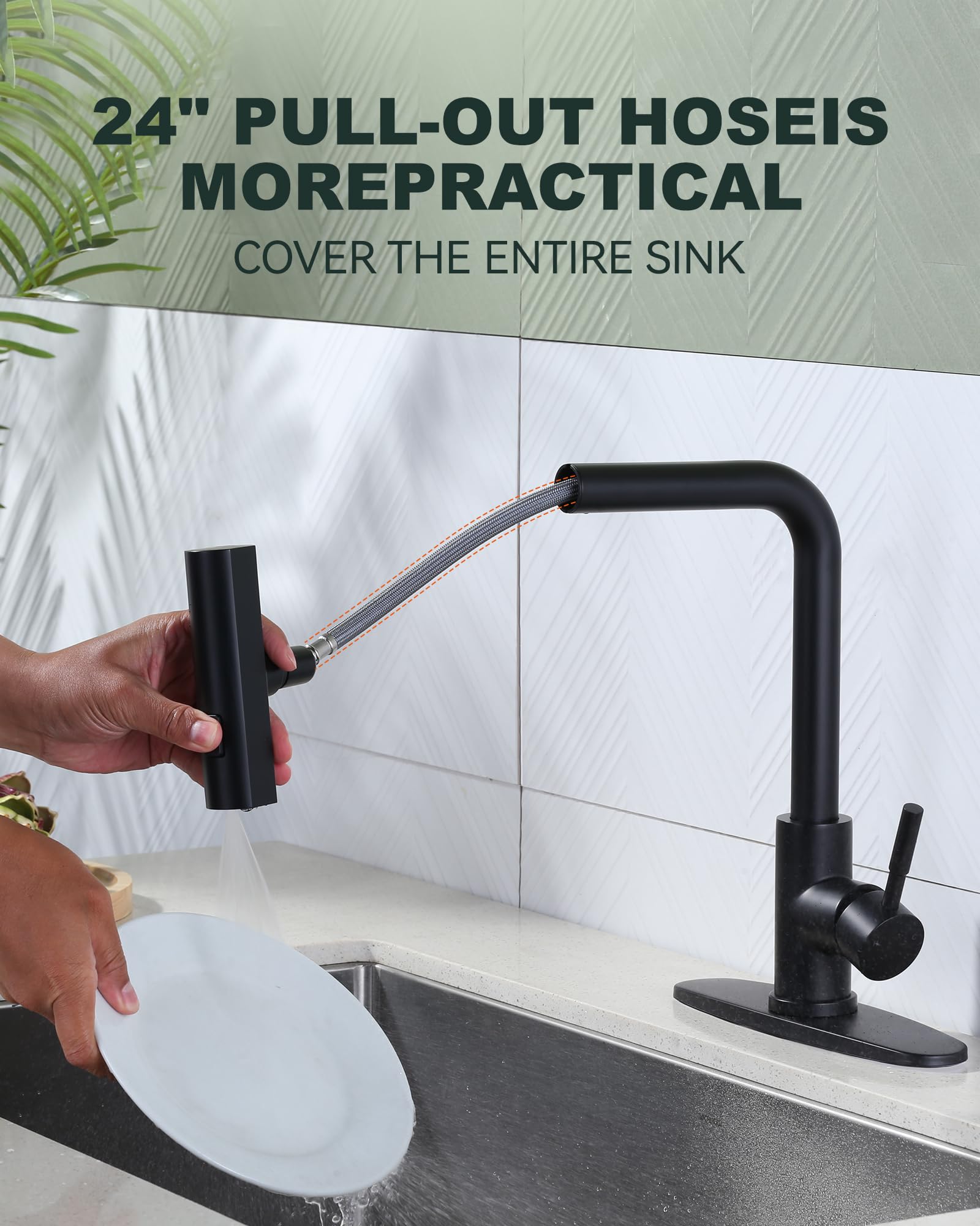 Waterfall Kitchen Sink Faucet With Sprayer: 3 Modes (Waterfall/Stream/Sweep) Pull Down Sprayer - Iviga Black Splash Proof Sink F