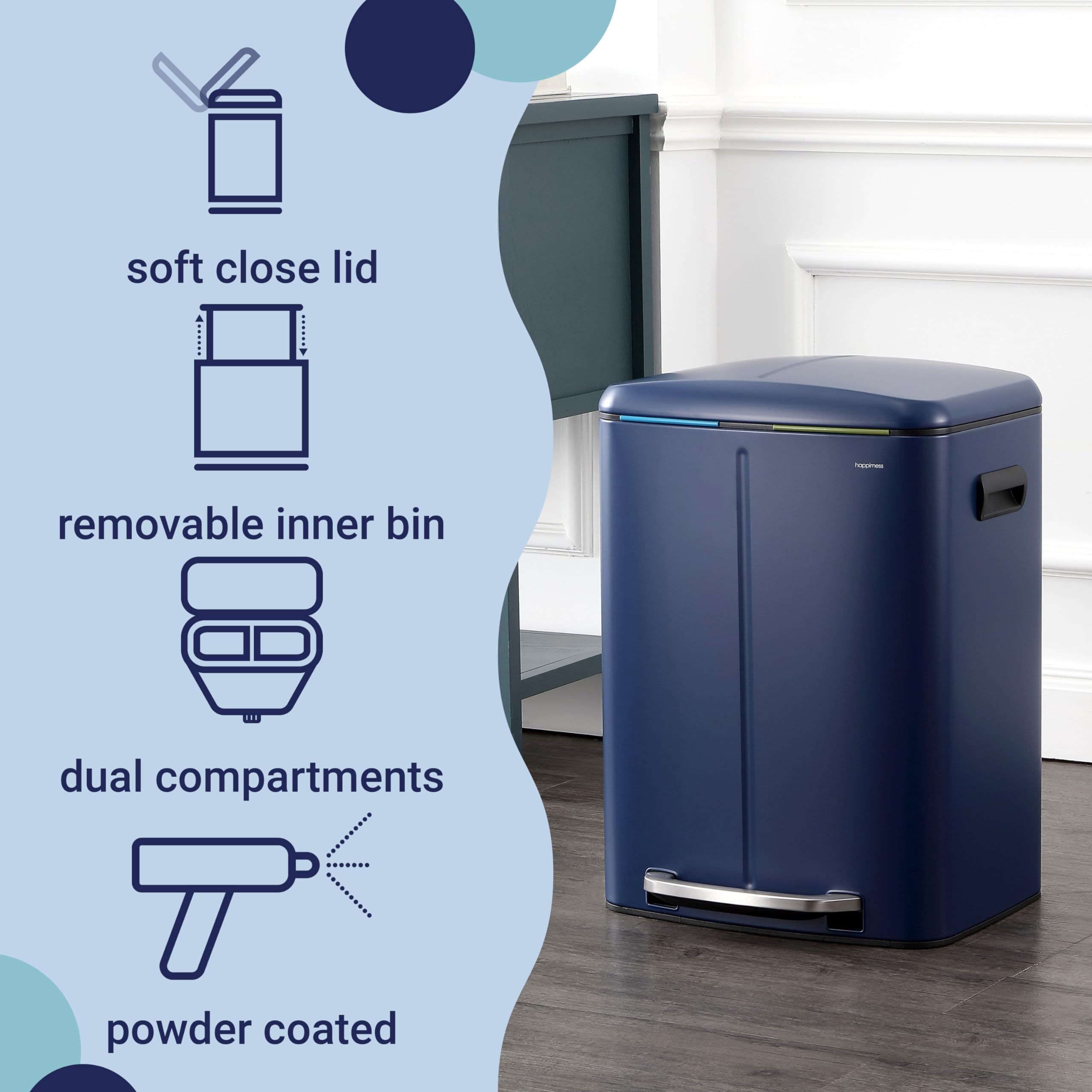 Happimess Hpm1005J Marco Rectangular 10.6-Gallon Double Bucket Trash Can With Soft-Close Lid, Denim Blue,With Soft-Close Lid, Mo