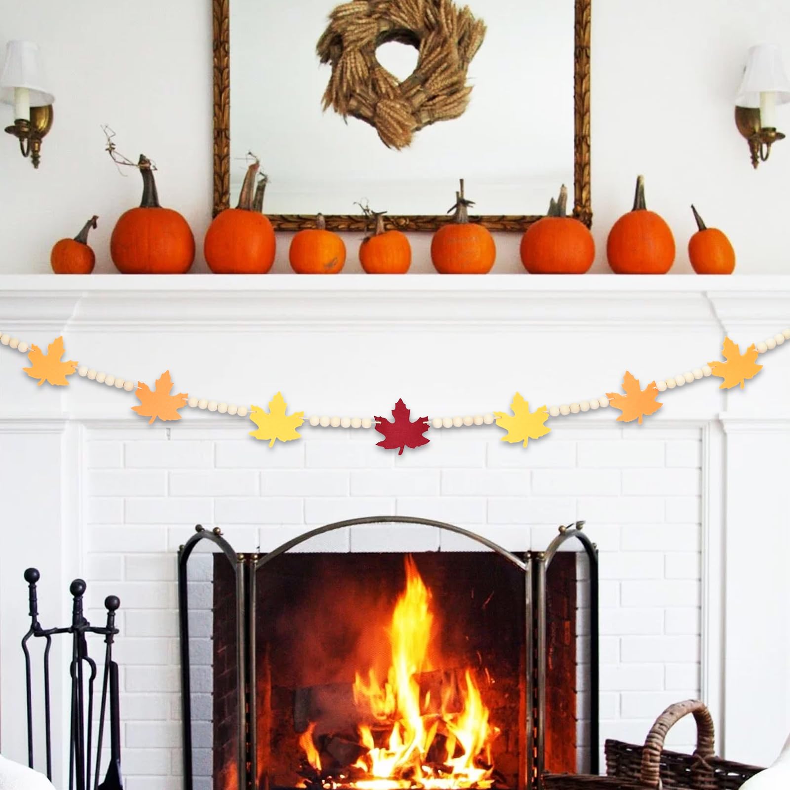 4.2 Ft Autumn Wooden Beads Garland With Maple Leaf Charms, Fall Harvest Colors Beaded Decor With Felt Maple, Rustic Farmhouse Ba