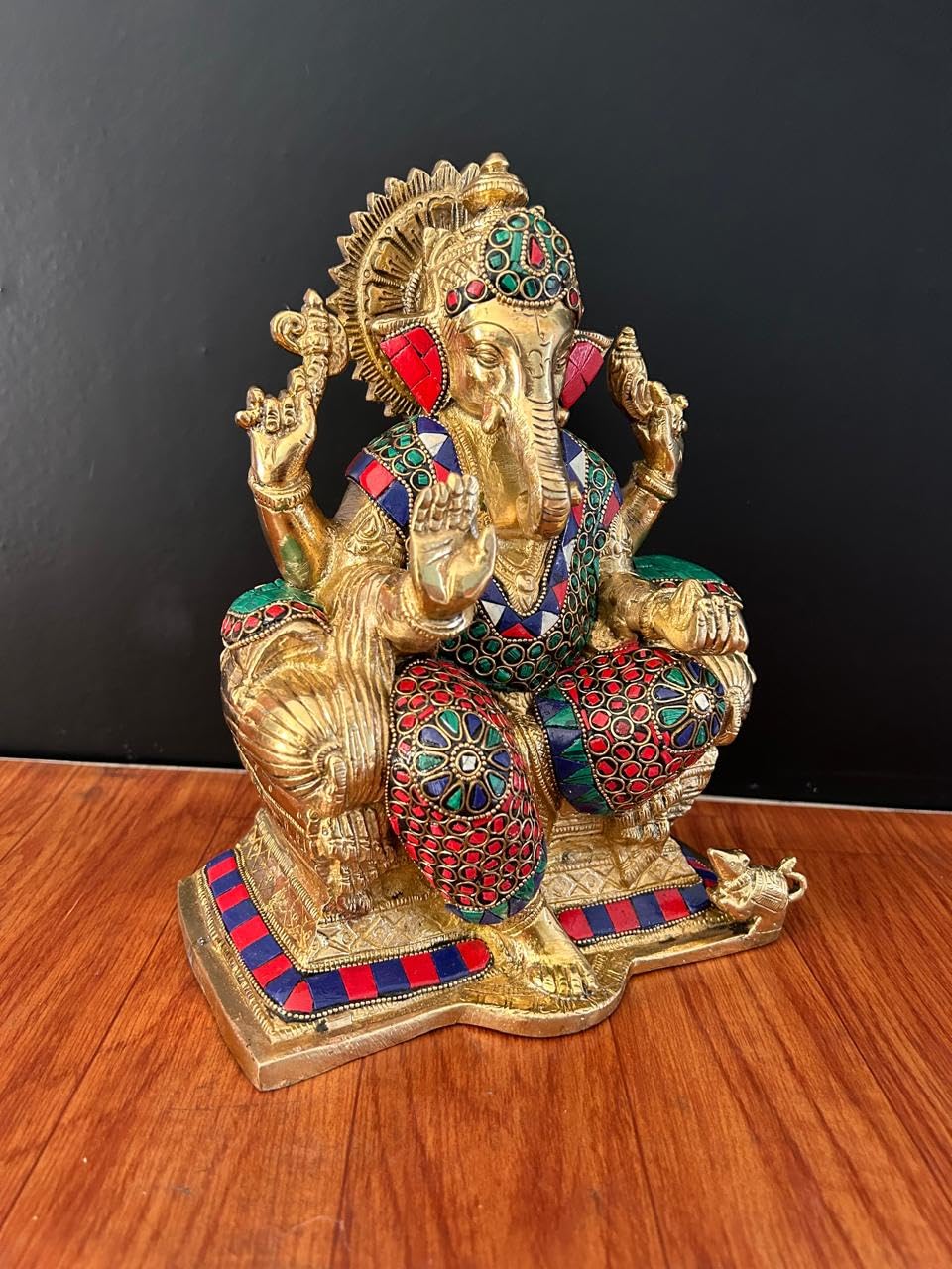 Brass Ganesha Statue With Mosaic, 24 Cm Stone Work Brass Ganesh Statue, Ganpati Idol, Good Luck Gift For New Beginnings, House W