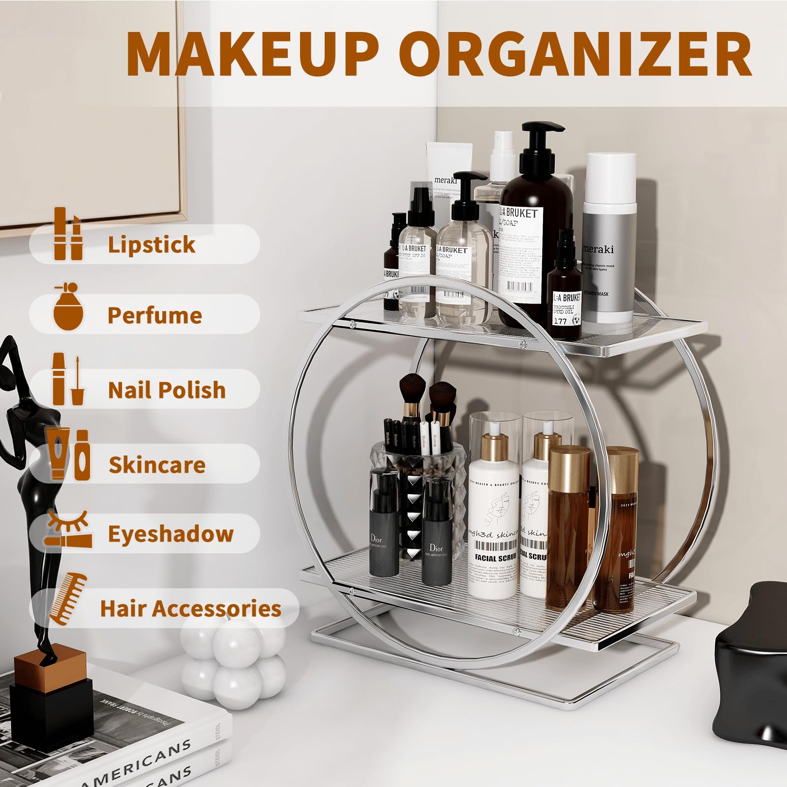 Yiwanfw Perfume Organizer For Bedroom Dresser- Sliver Makeup Organizer For Vanity, 2 Tier Bathroom Countertop Organizer Perfume